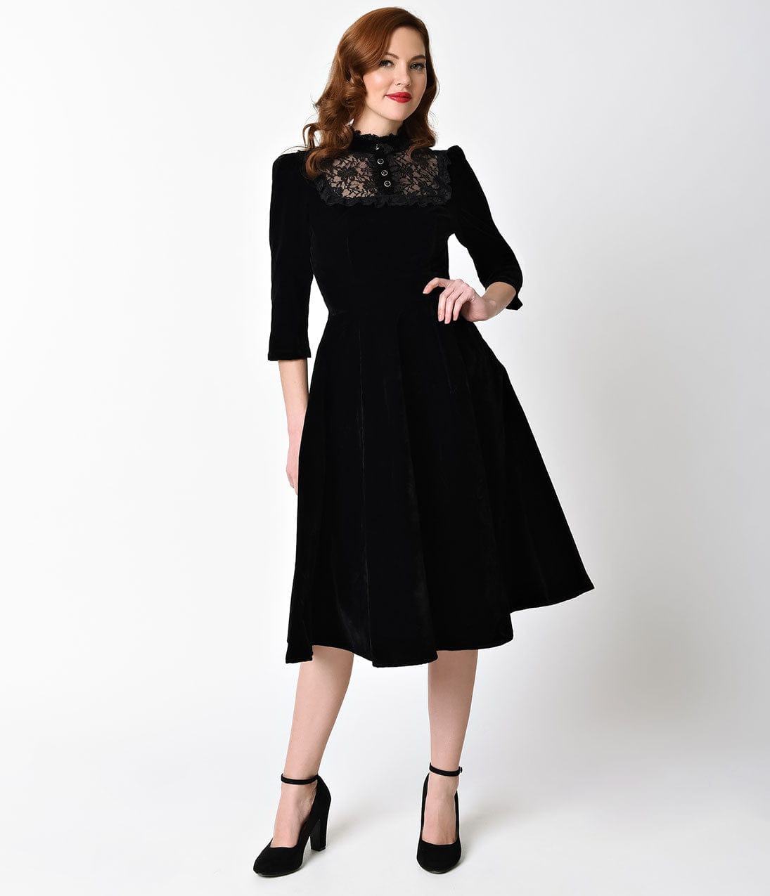 1940s Style Black Velvet & Lace Nightshade Half Sleeve Swing Dress