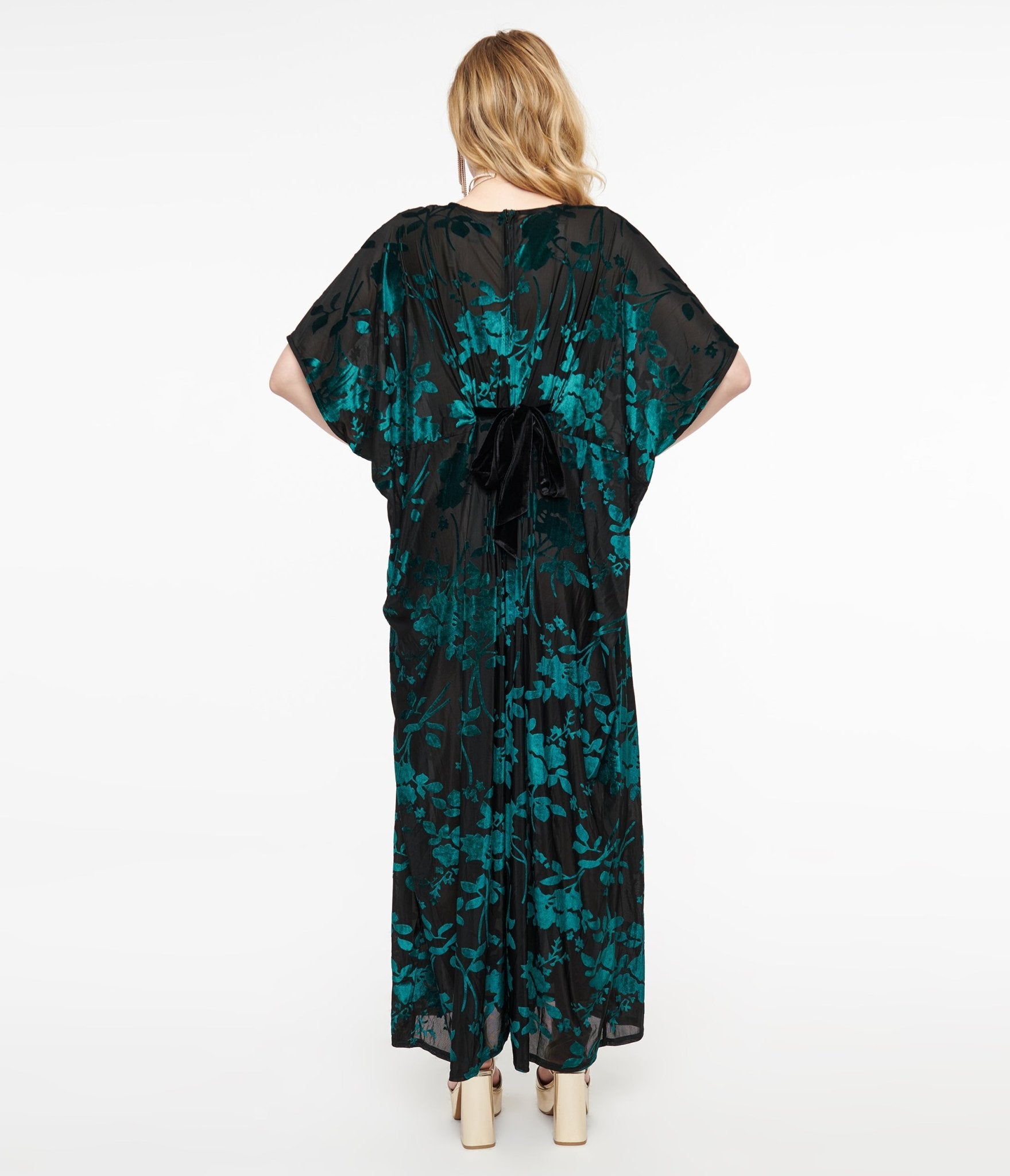 Unique Vintage 1970s Black & Teal Velvet Floral Burnout Caftan Jumpsuit