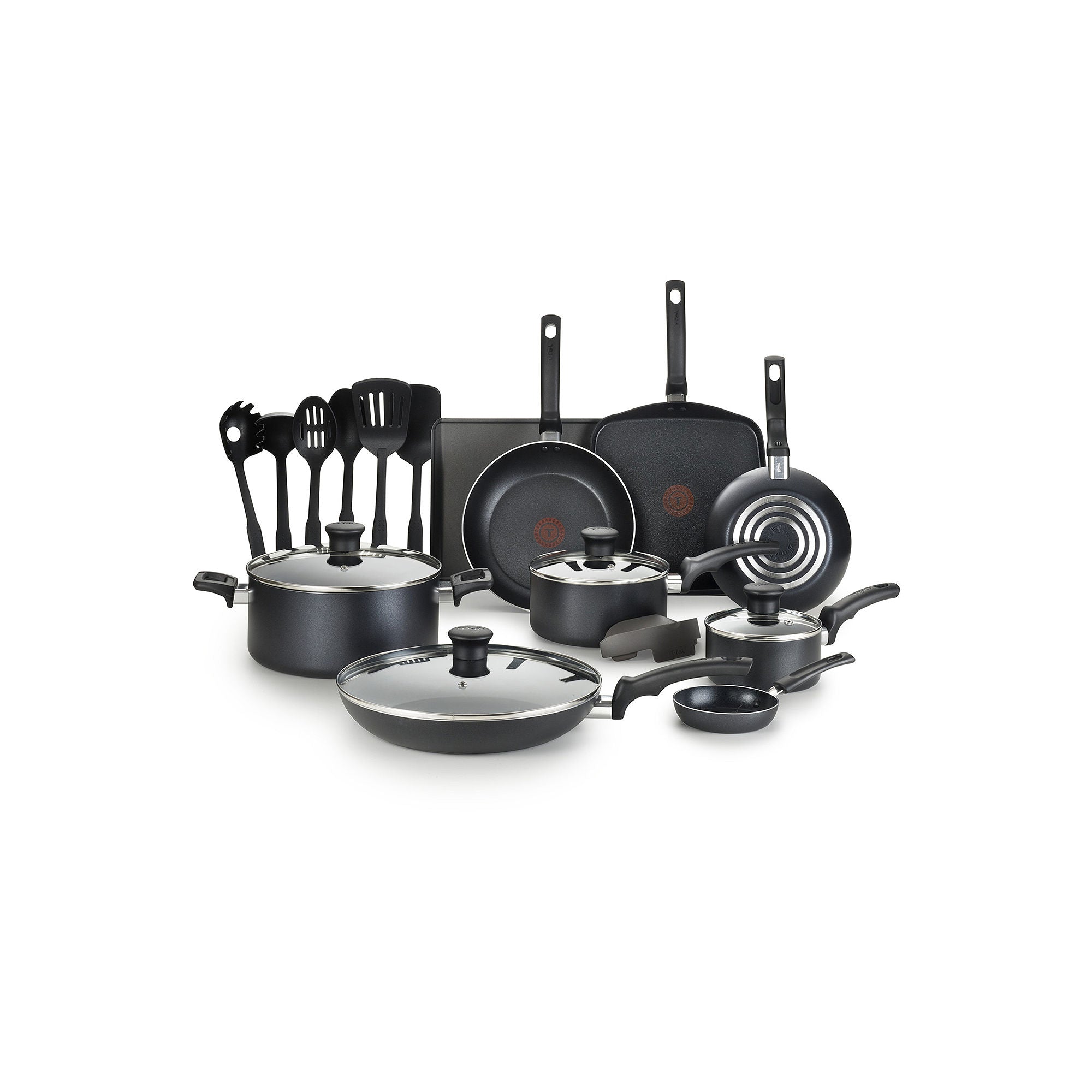 T-Fal Essentials 20-Pc. Aluminum Non-Stick Cookware Set - BLACK ONE SIZE