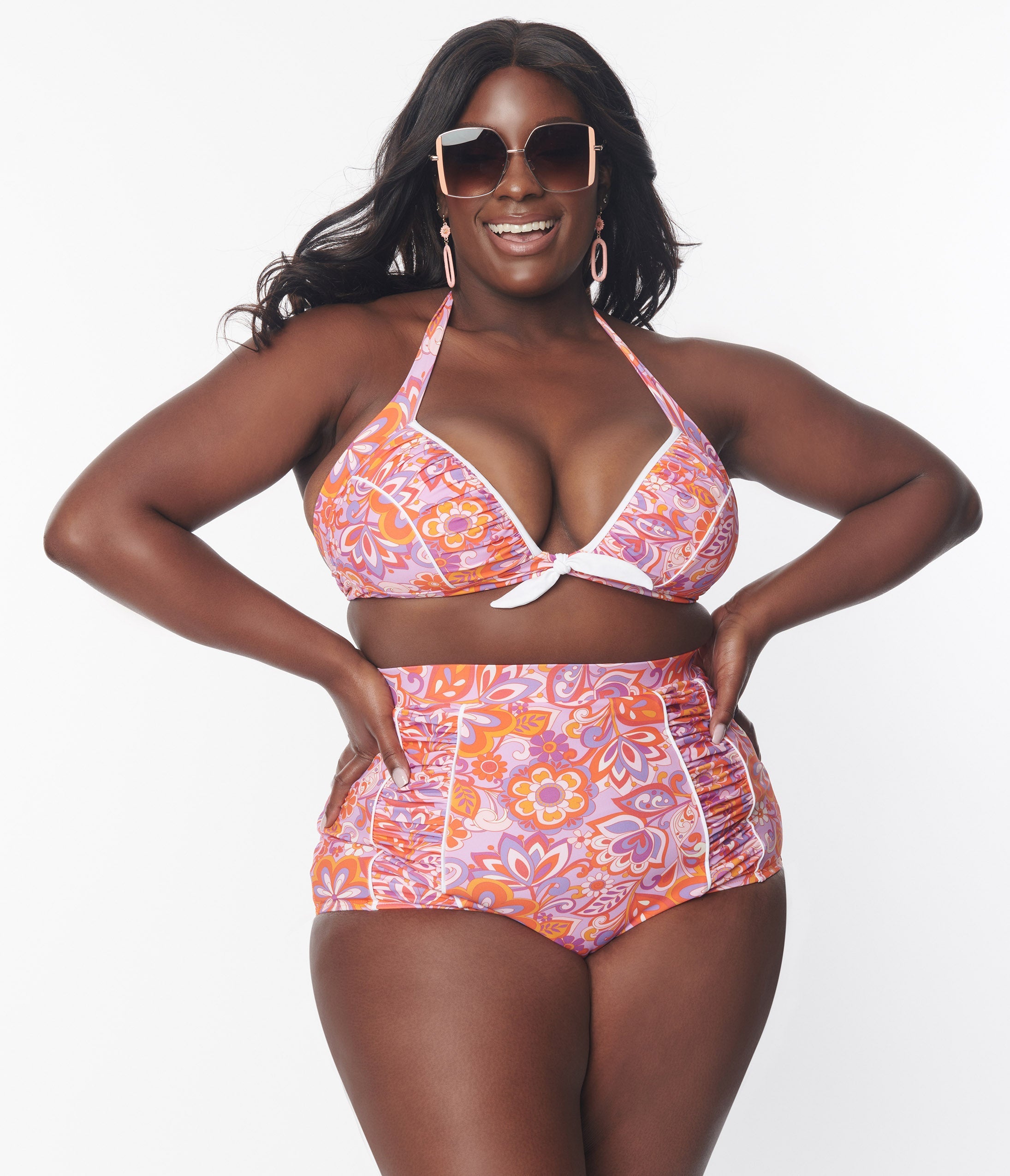 Unique Vintage Plus Size Purple & Orange Bohemian Floral Print Halter Swim Top