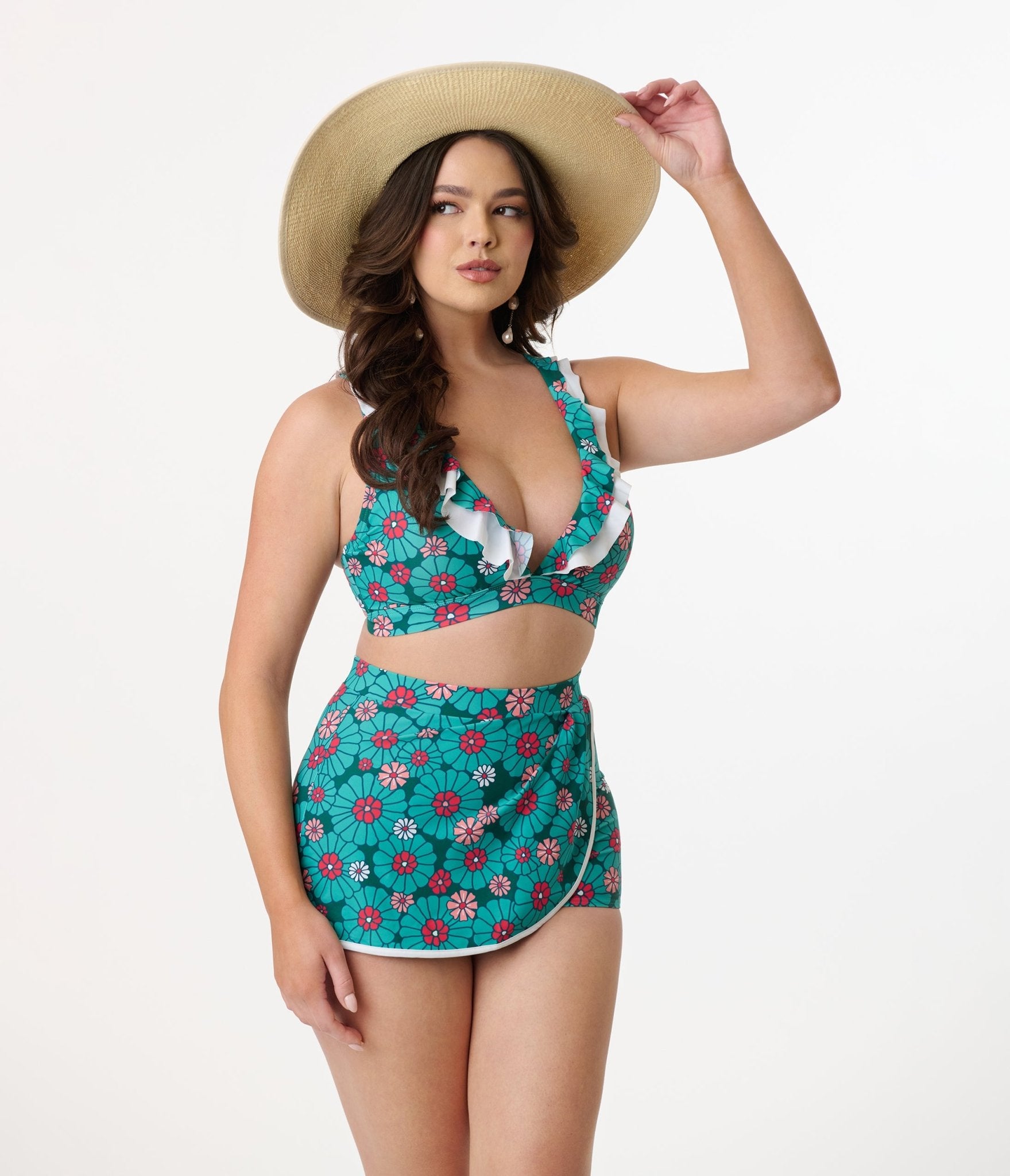 Unique Vintage Teal Flower Child Halter Swim Top