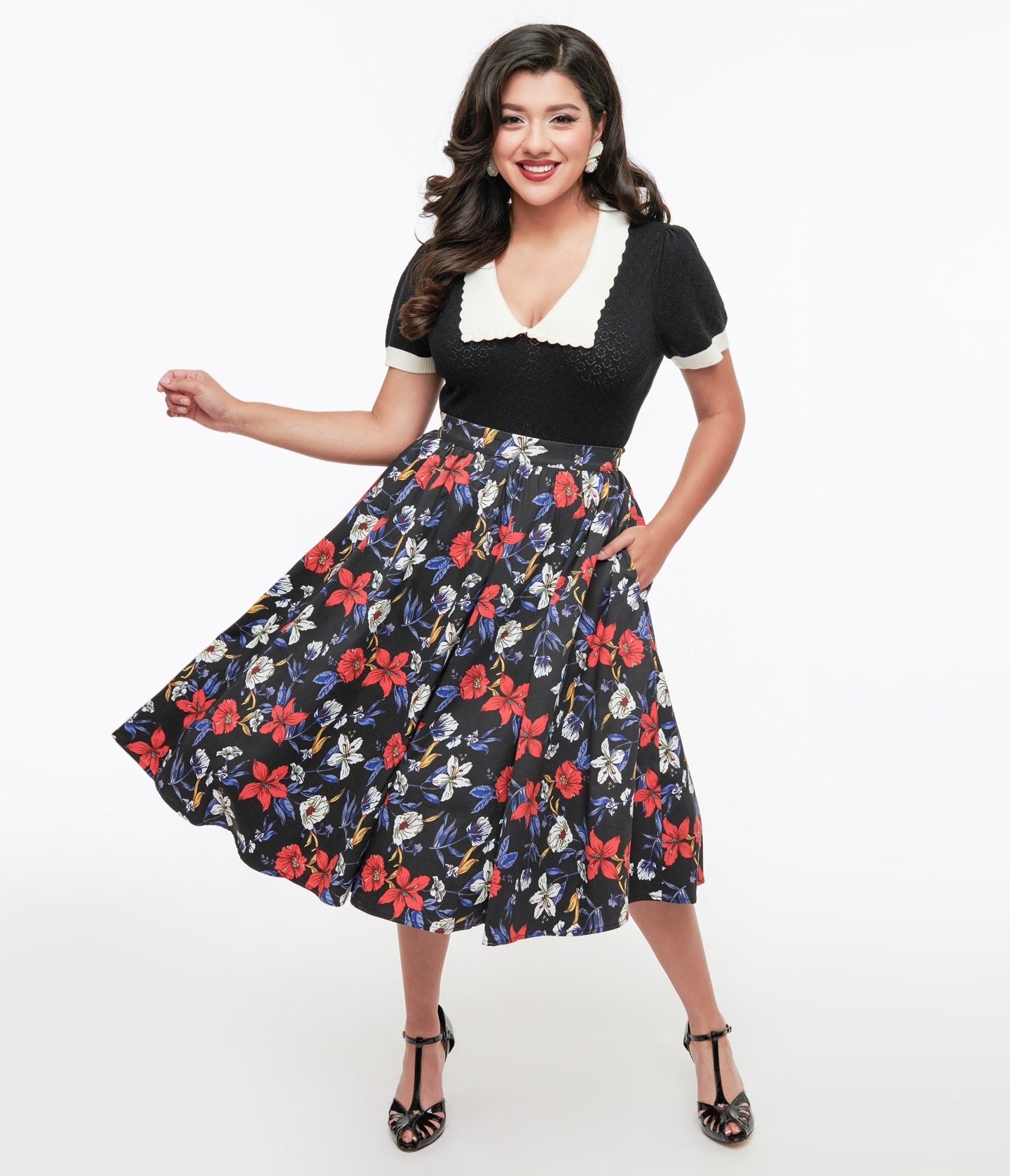 Black Floral Print Milly Swing Skirt