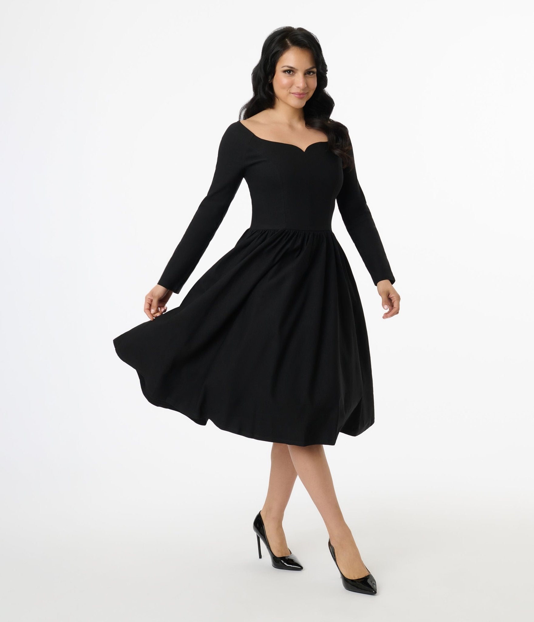 Unique Vintage 1950s Solid Black Sweetheart Swing Dress