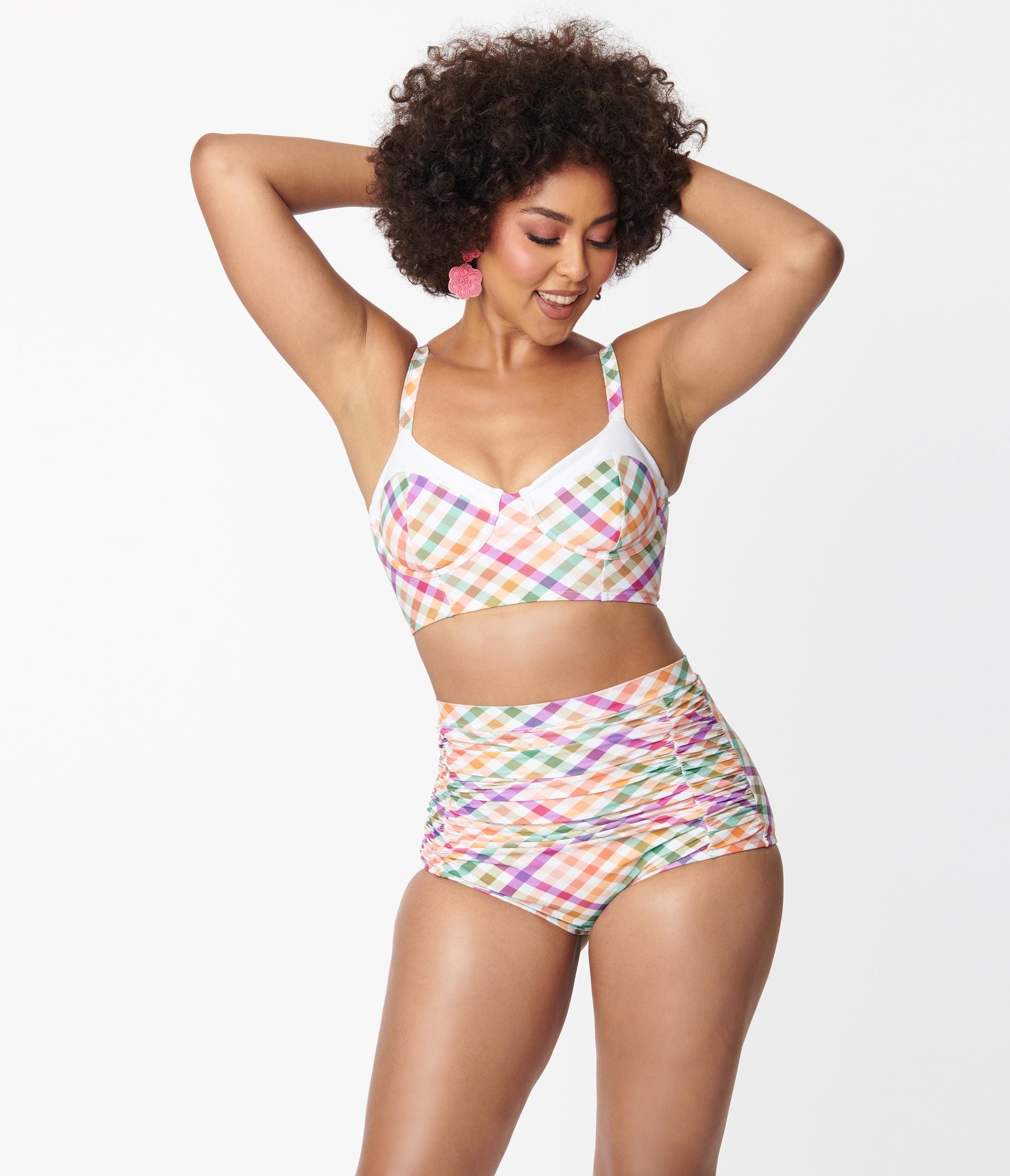 Unique Vintage Pastel Madras Gingham Marlene Crop Swim Top