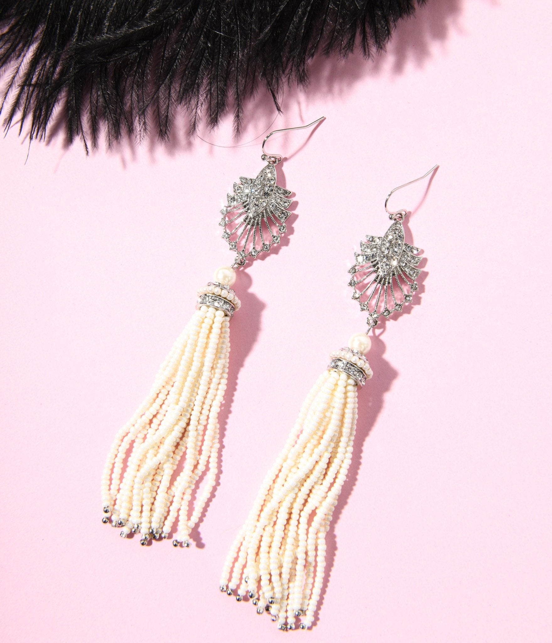 1920s Silver & White Beaded Deco Tassel Dangle Earrings