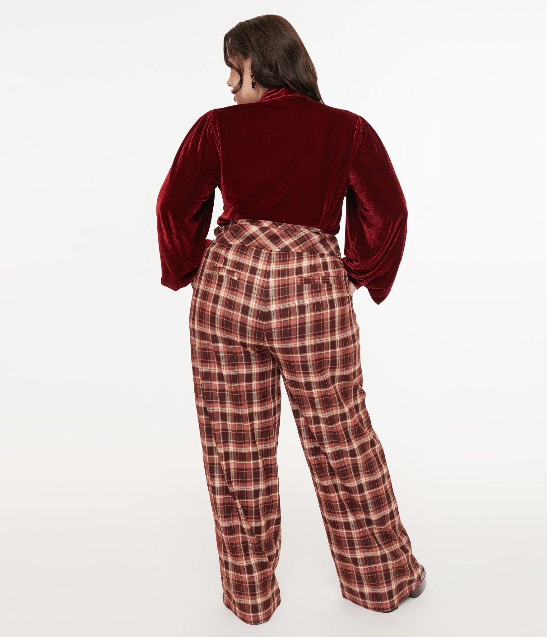 Unique Vintage Plus Size Burgundy Plaid Double Belt Woven Pants