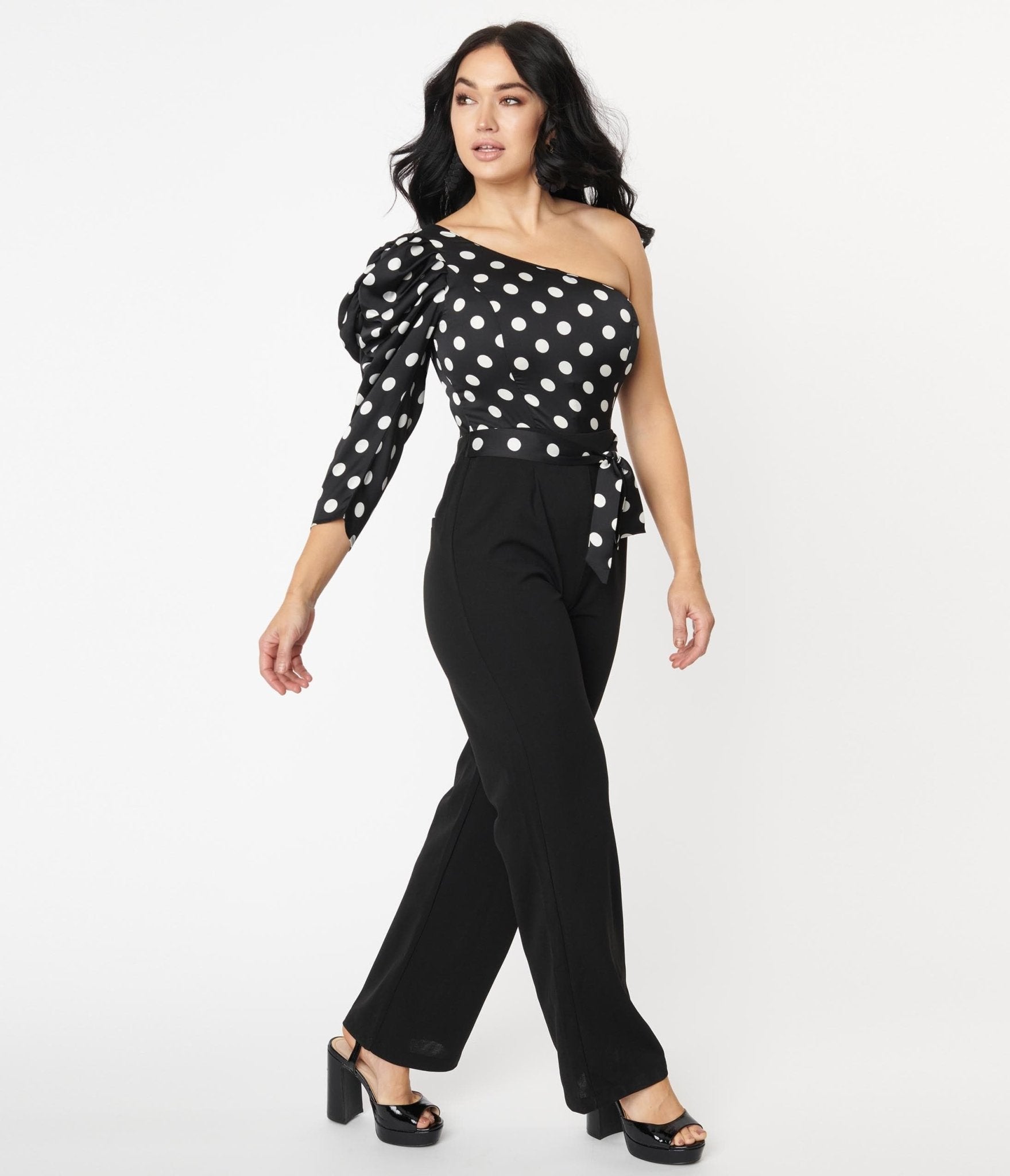 1970s Black & White Polka Dot One Shoulder Jumpsuit