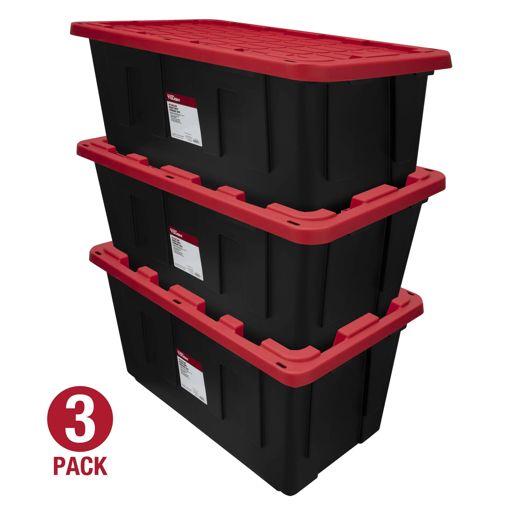 Hyper Tough 206307 40 Gallon Snap Lid Plastic Storage Bin Container, Black with Red Lid, Set of 3