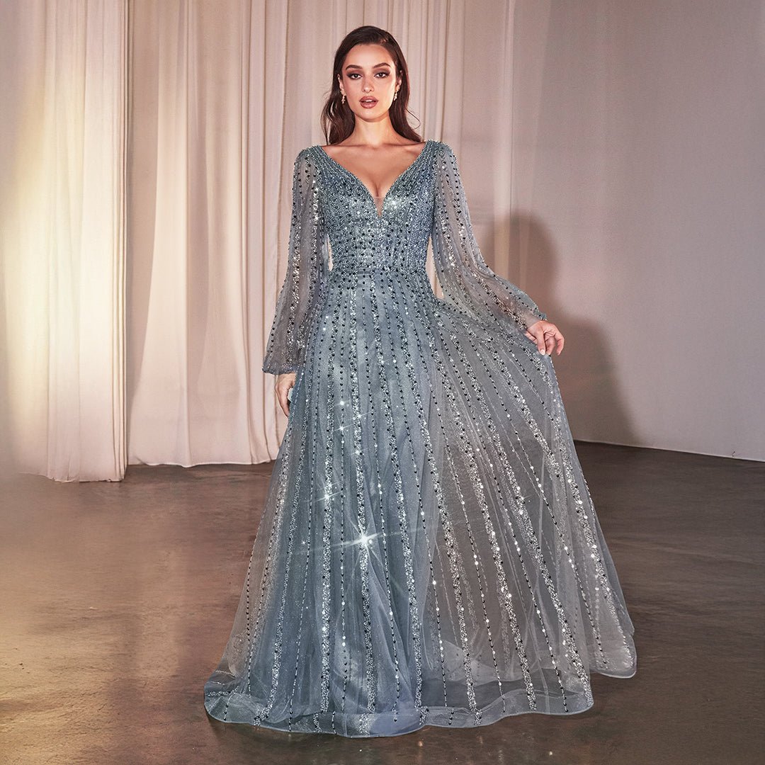 Ladivine by Cinderella Divine Smoky Blue Beaded Long Sleeve A-Line Prom Dress