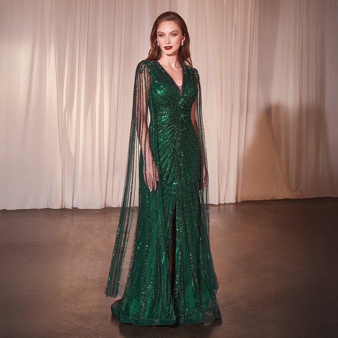 Ladivine by Cinderella Divine Emerald Beaded Cape Sleeve Slit Prom Dress