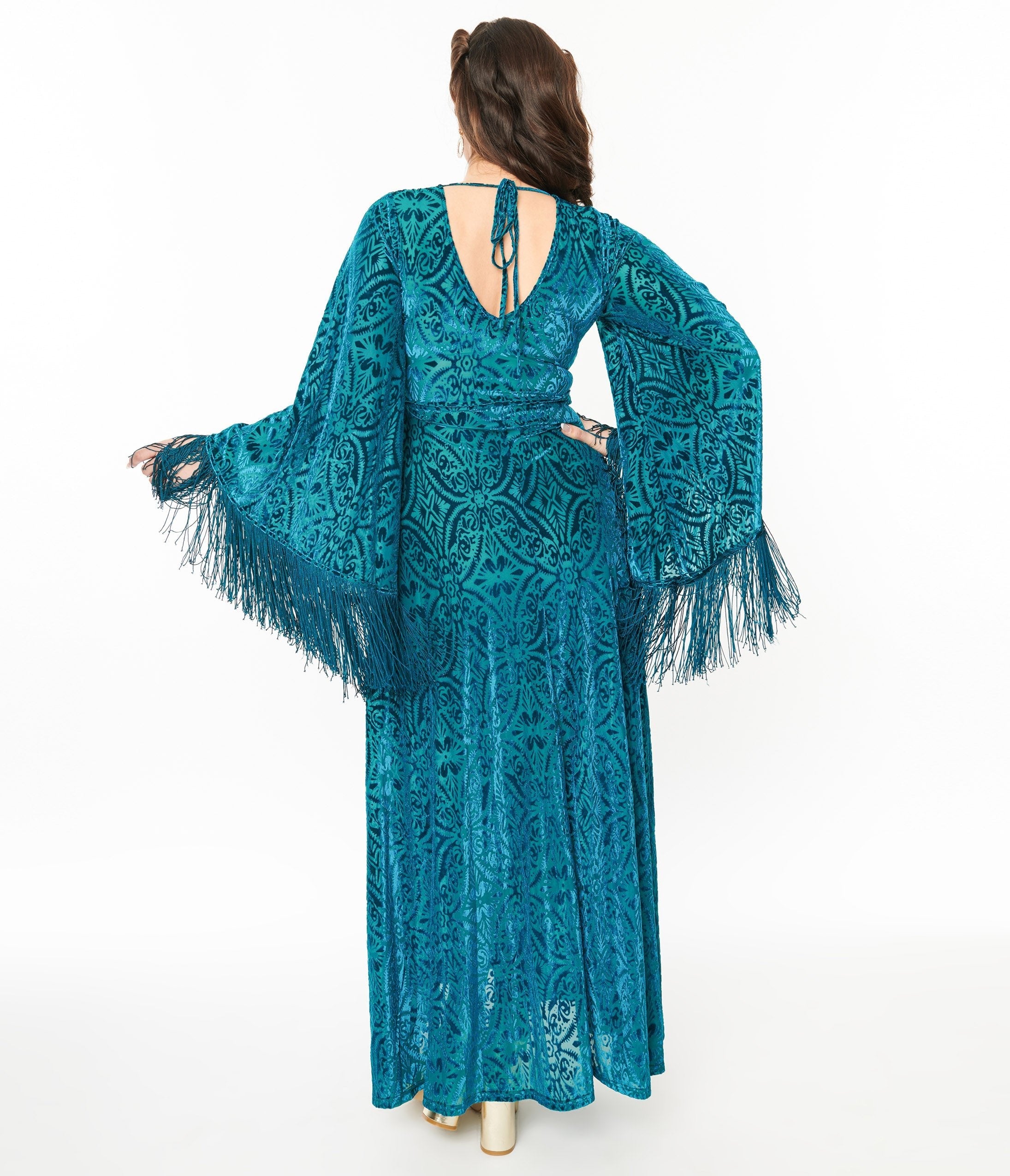 Smak Parlour 1970s Teal Floral Fringe Sleeve Maxi Dress