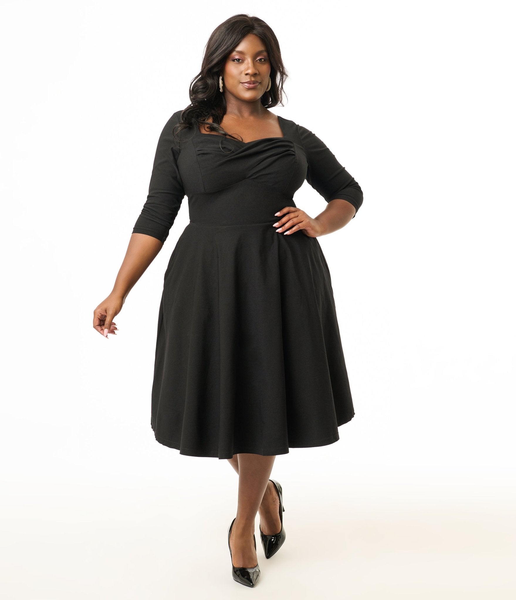 Unique Vintage Plus Size 1950s Black Pleated Bust Swing Dress