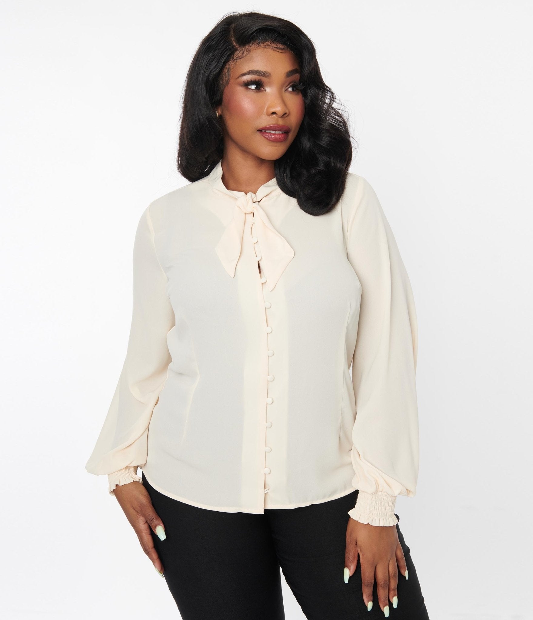 Unique Vintage Plus Size 1940s Ivory Neck Tie Blouse