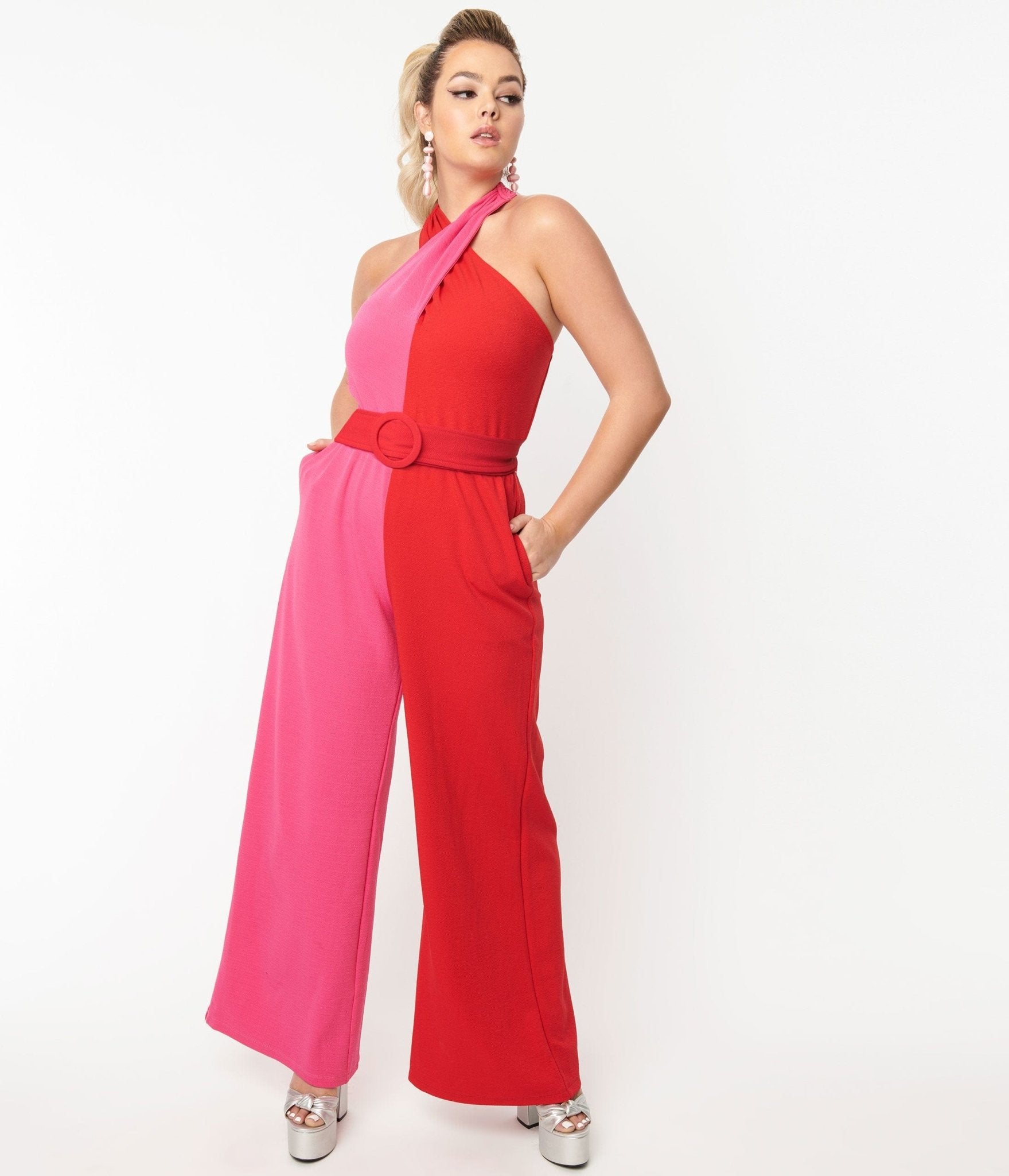 Smak Parlour 1970s Red & Pink Colorblock Draped Darling Jumpsuit