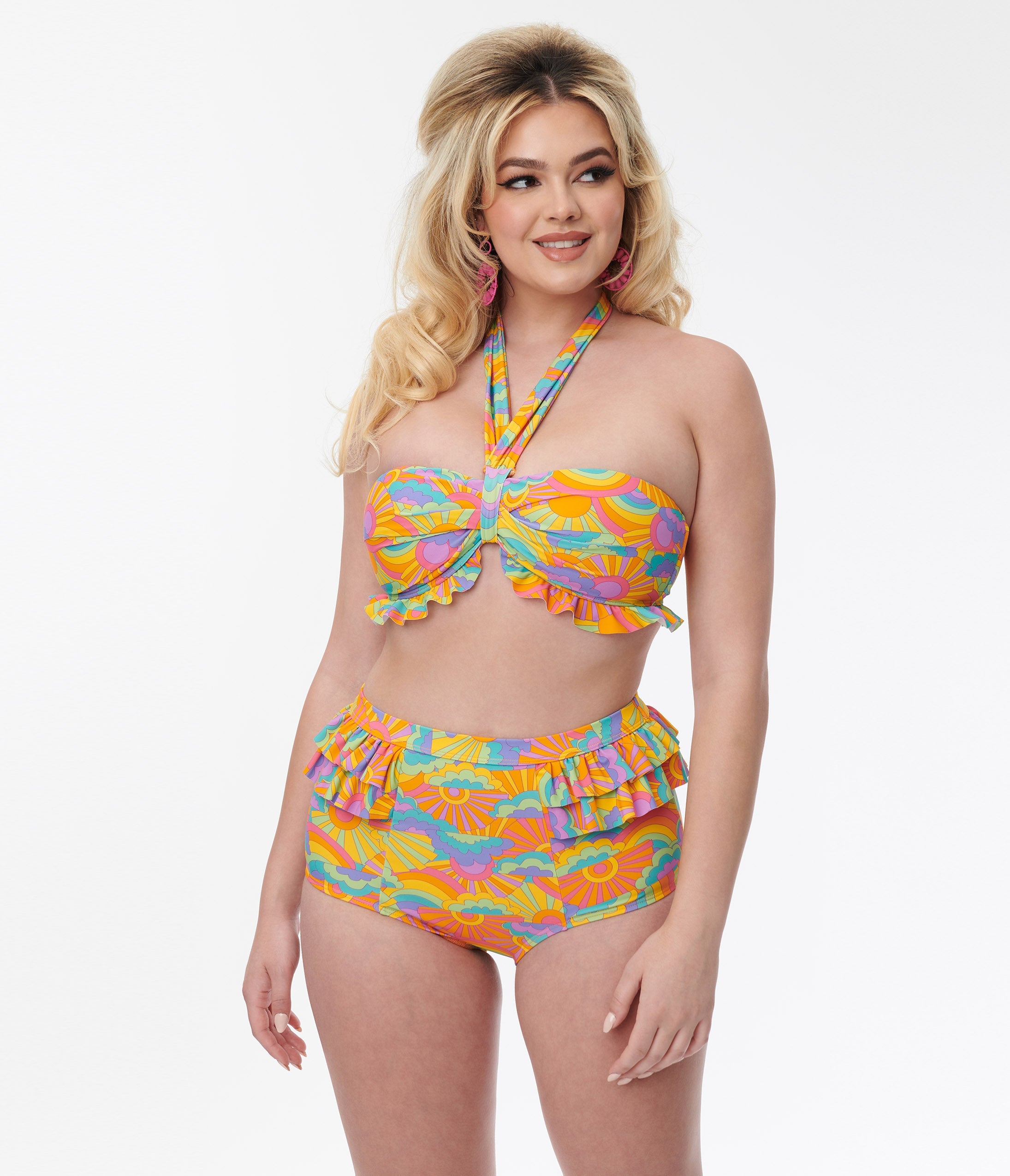 Unique Vintage Happy Groovy Rainbow Twist Front Halter Swim Top