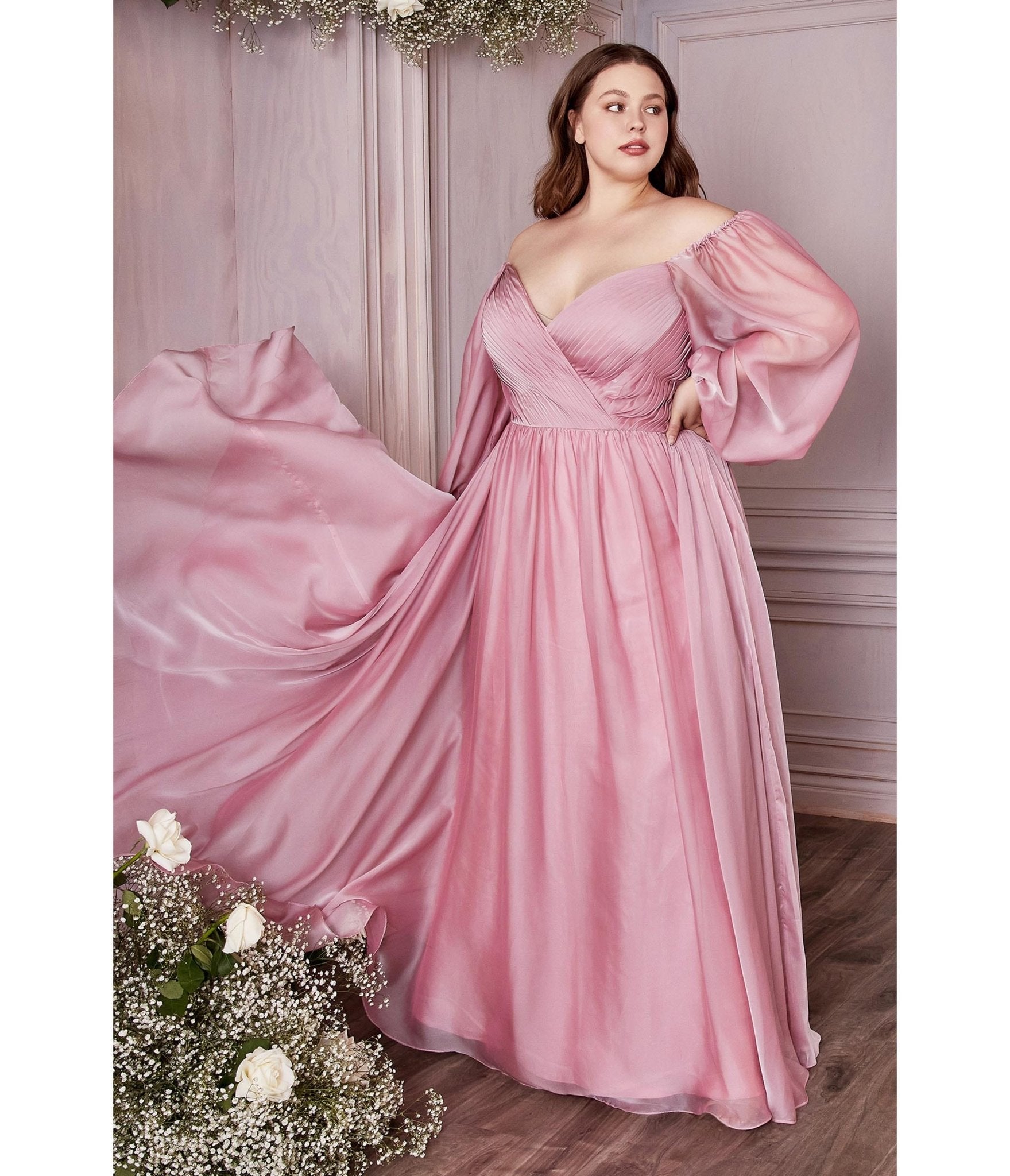 Ladivine by Cinderella Divine Plus Size Petal Blush Chiffon Sweetheart Bridesmaid Goddess Gown