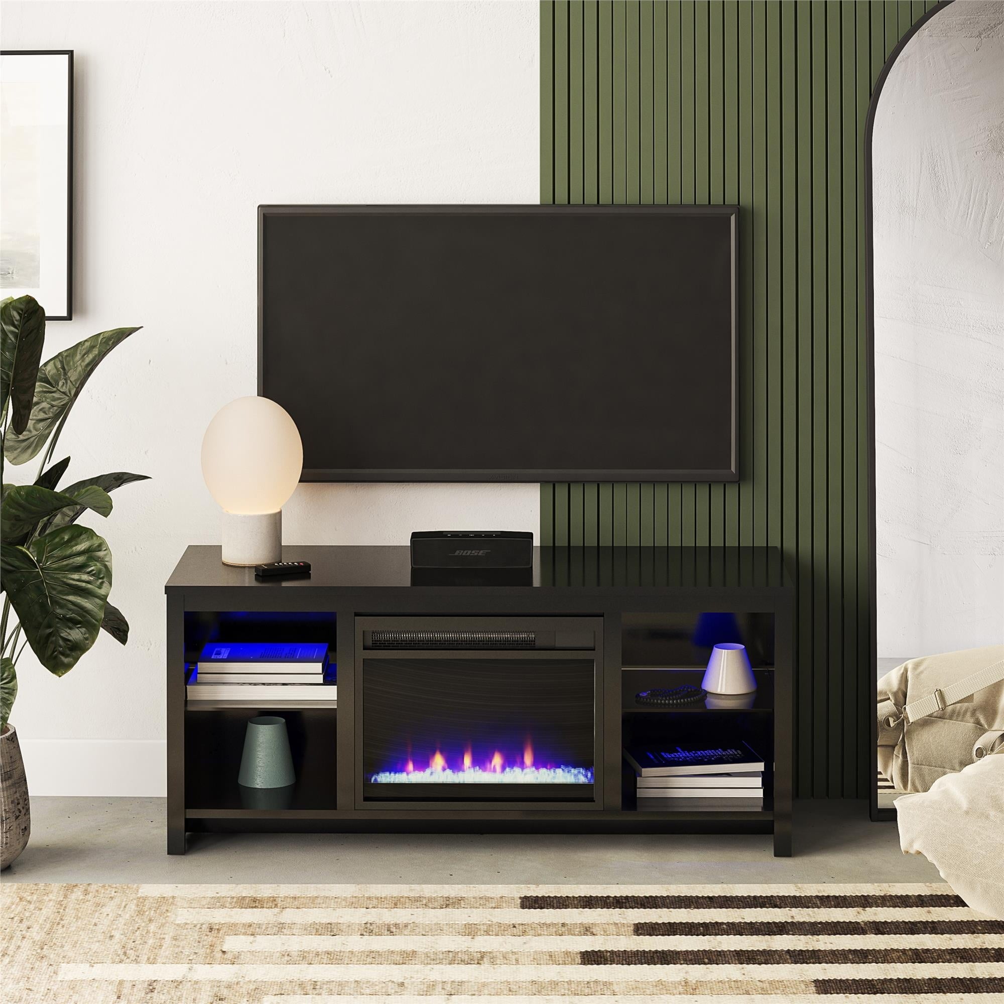 Ameriwood Home 2164096WCOM LED Fireplace 55 TV Stand with Crystal Insert, High Gloss Black