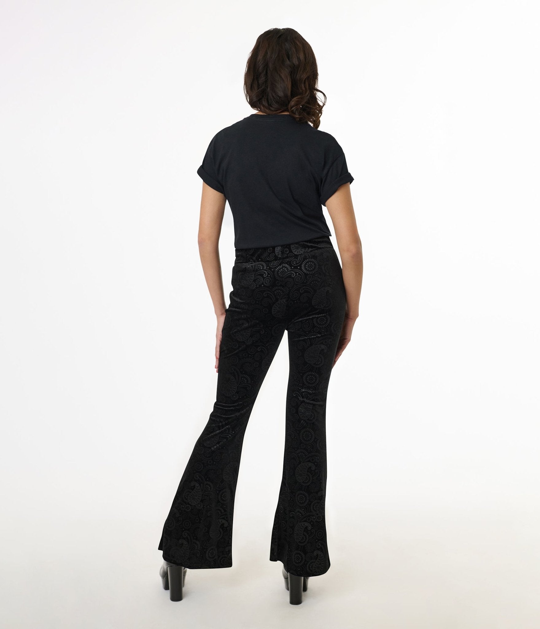 Pretty Attitude Clothing 1970s Black Burnout Velvet Lace Up Flare Pants