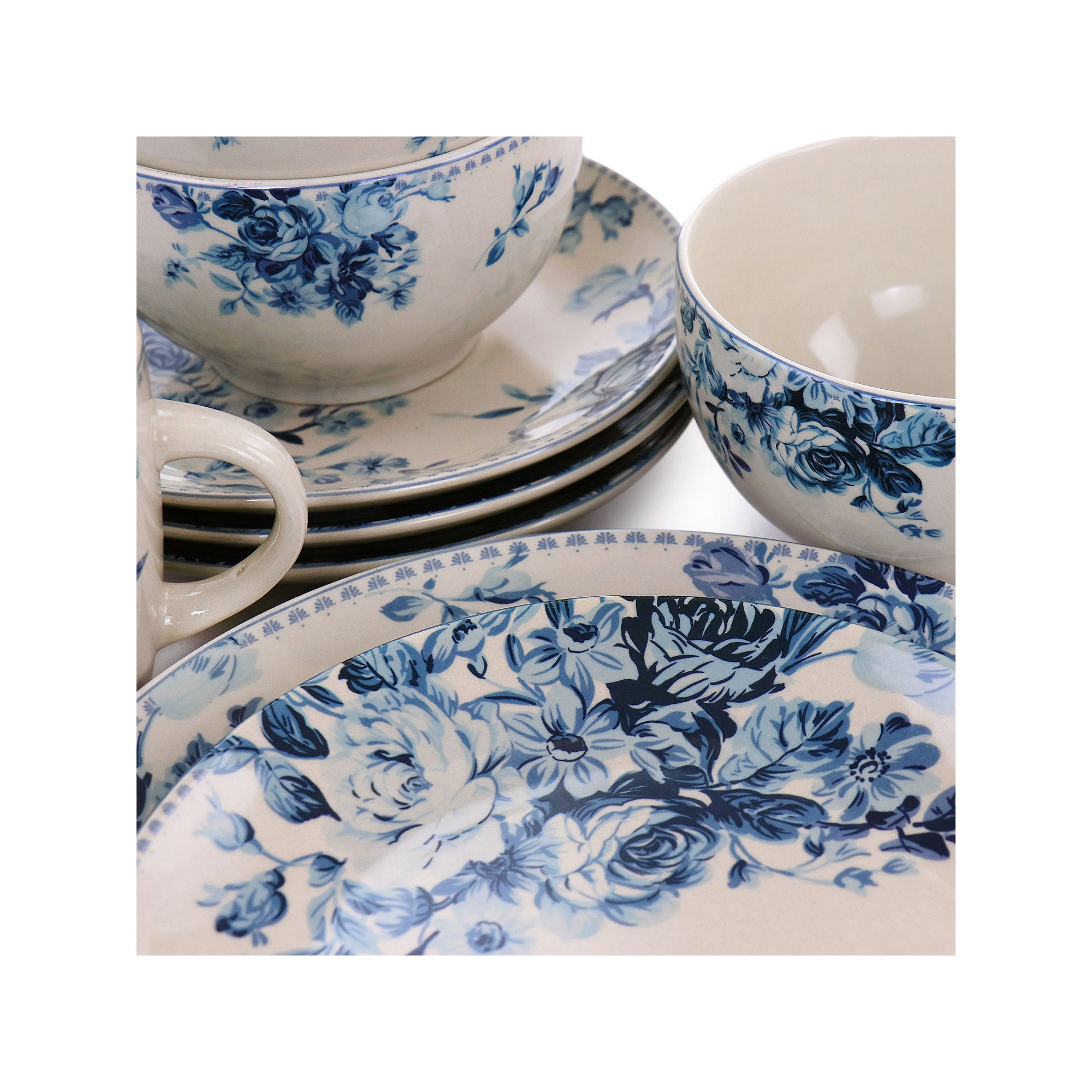 Elama Blue- Rose 16-Pc. Stoneware Dinnerware Set - MULTI ONE SIZE