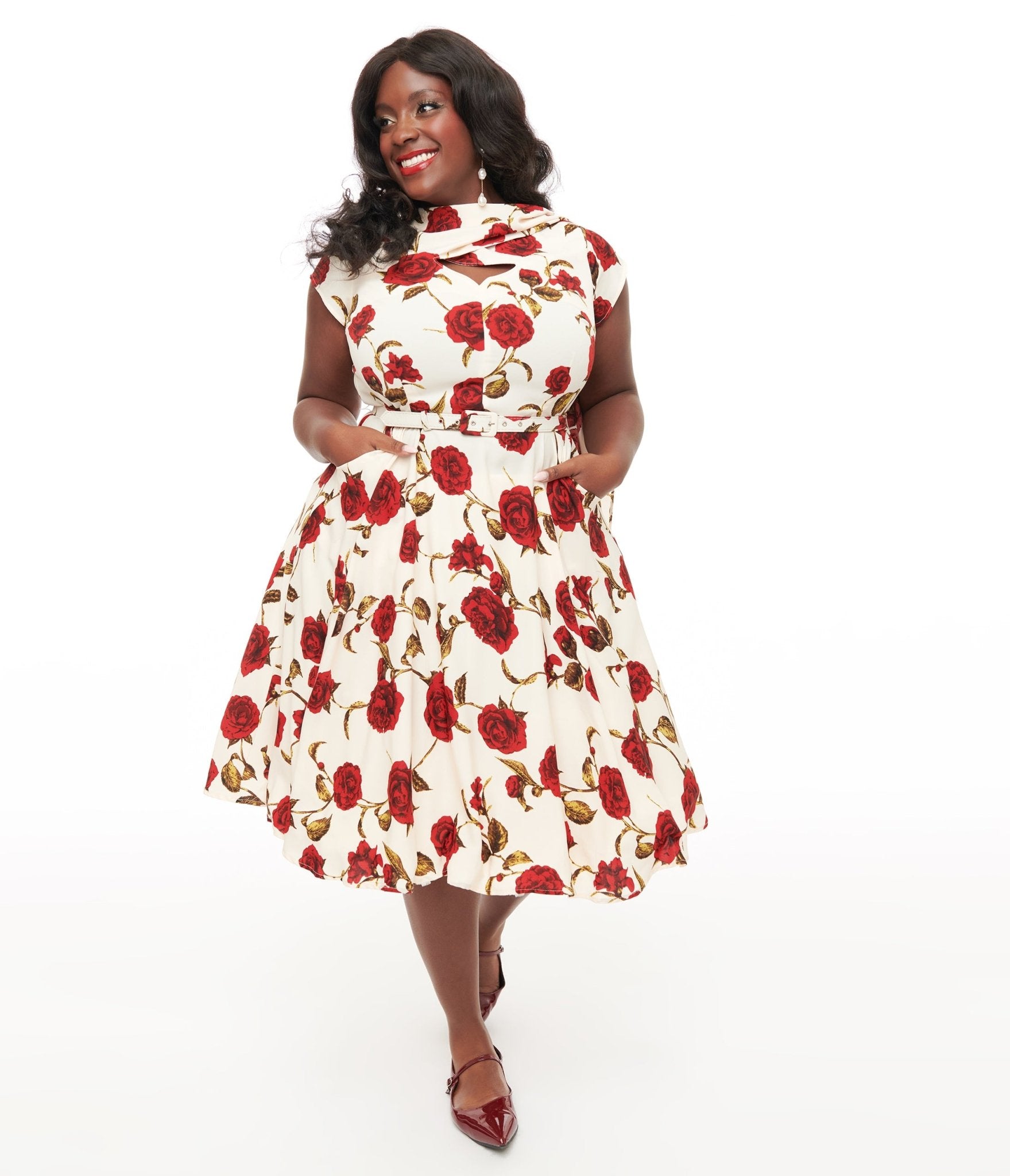 Unique Vintage Plus Size 1940s Cream & Red Rose Print Sash Swing Dress