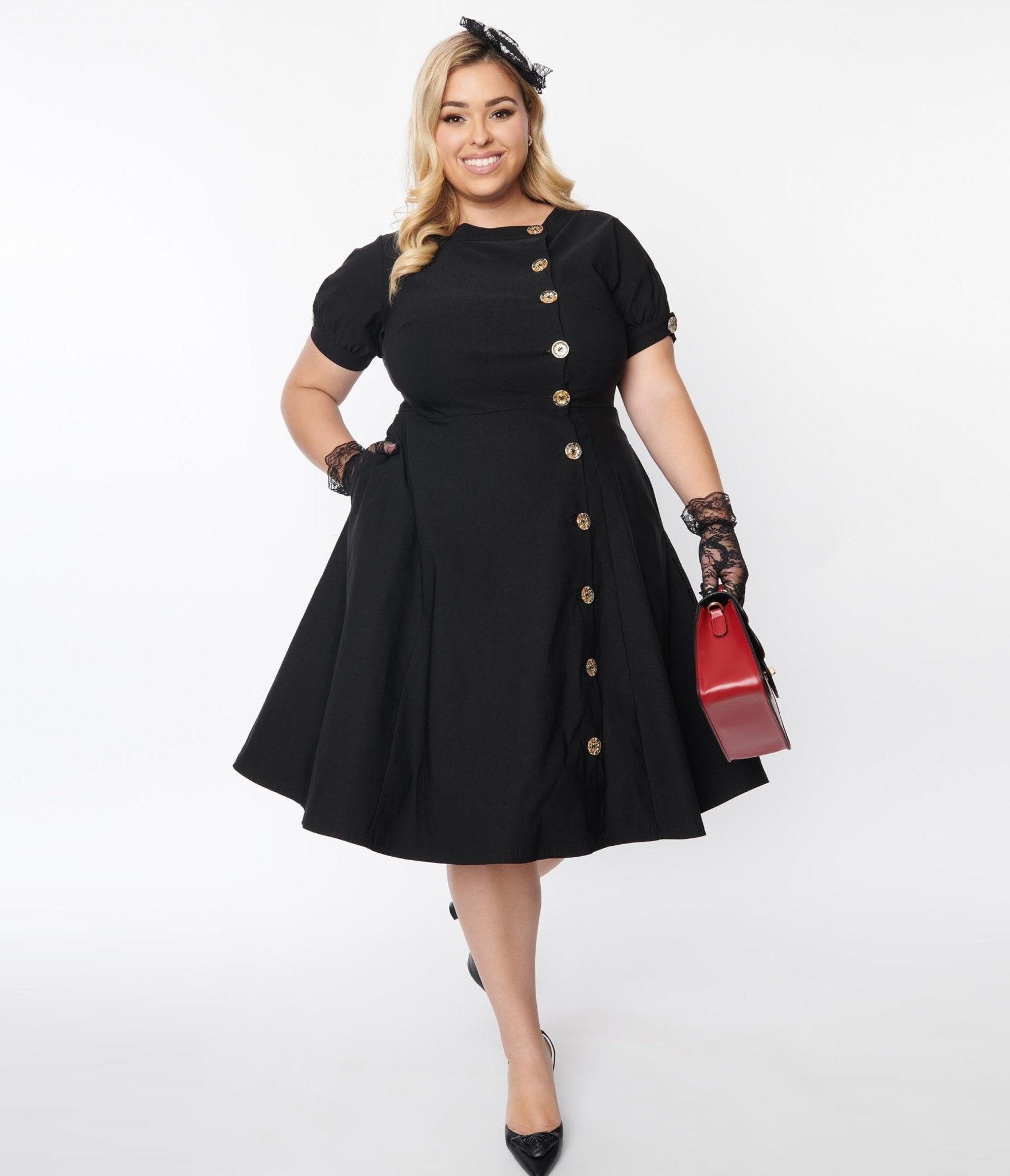 Unique Vintage Plus Size Black Button Swing Dress