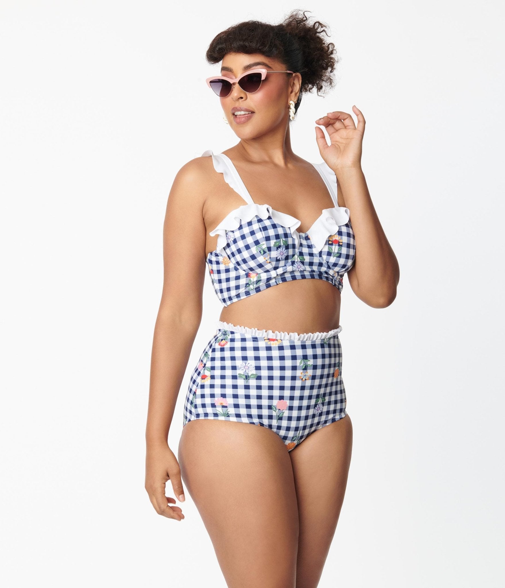 Unique Vintage Navy Gingham & Floral Southampton Swim Top