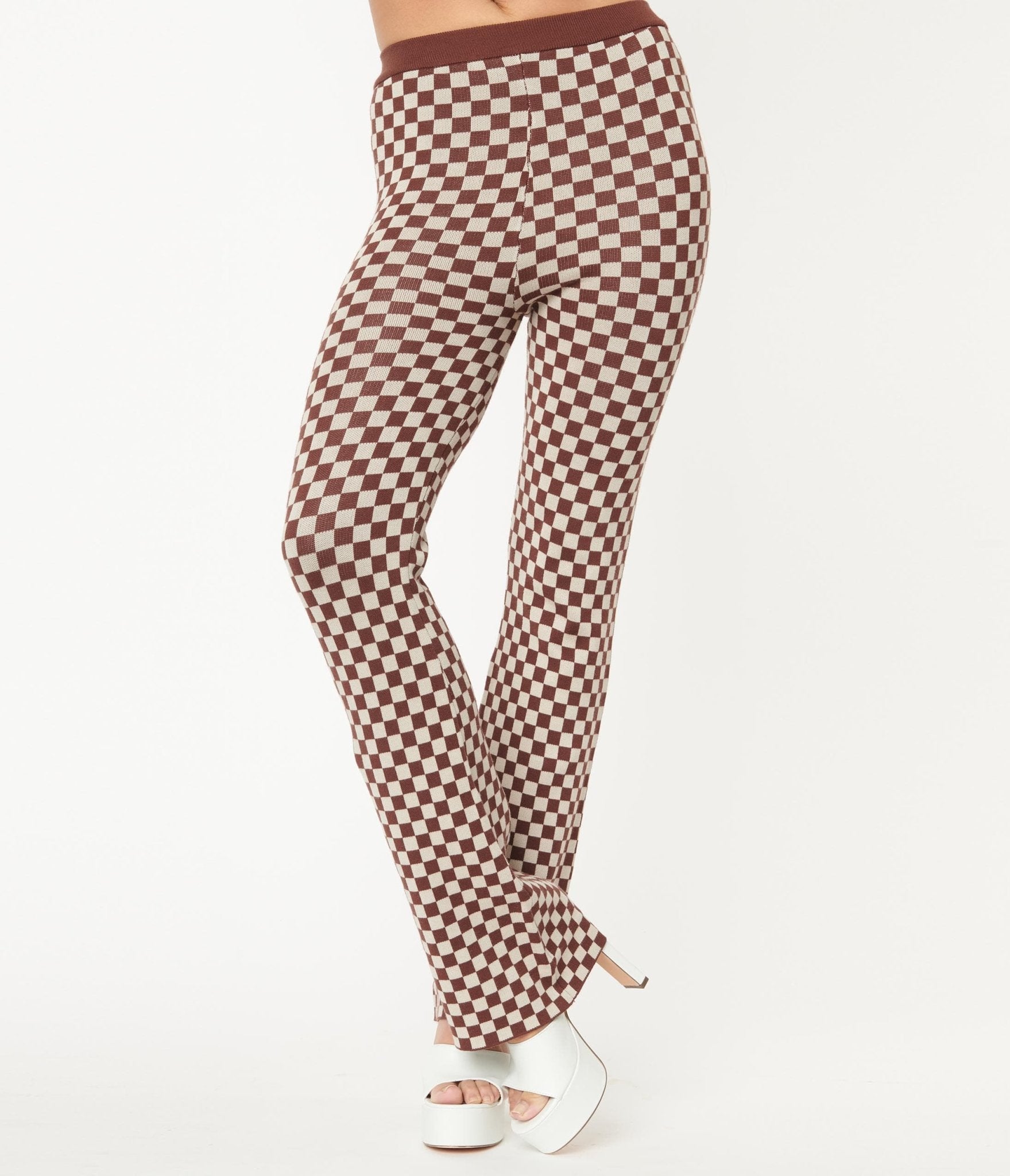 1970s Brown Check Sweater Flare Pants