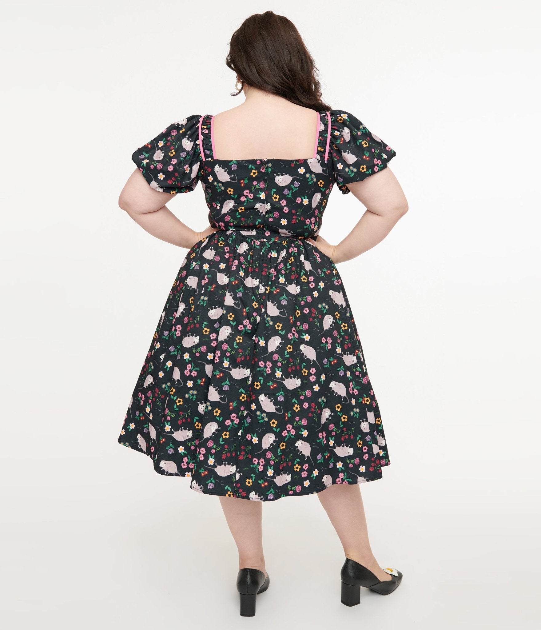 Unique Vintage Plus Size 1940s Black & Pink Awesome Possum Button Front Swing Dress