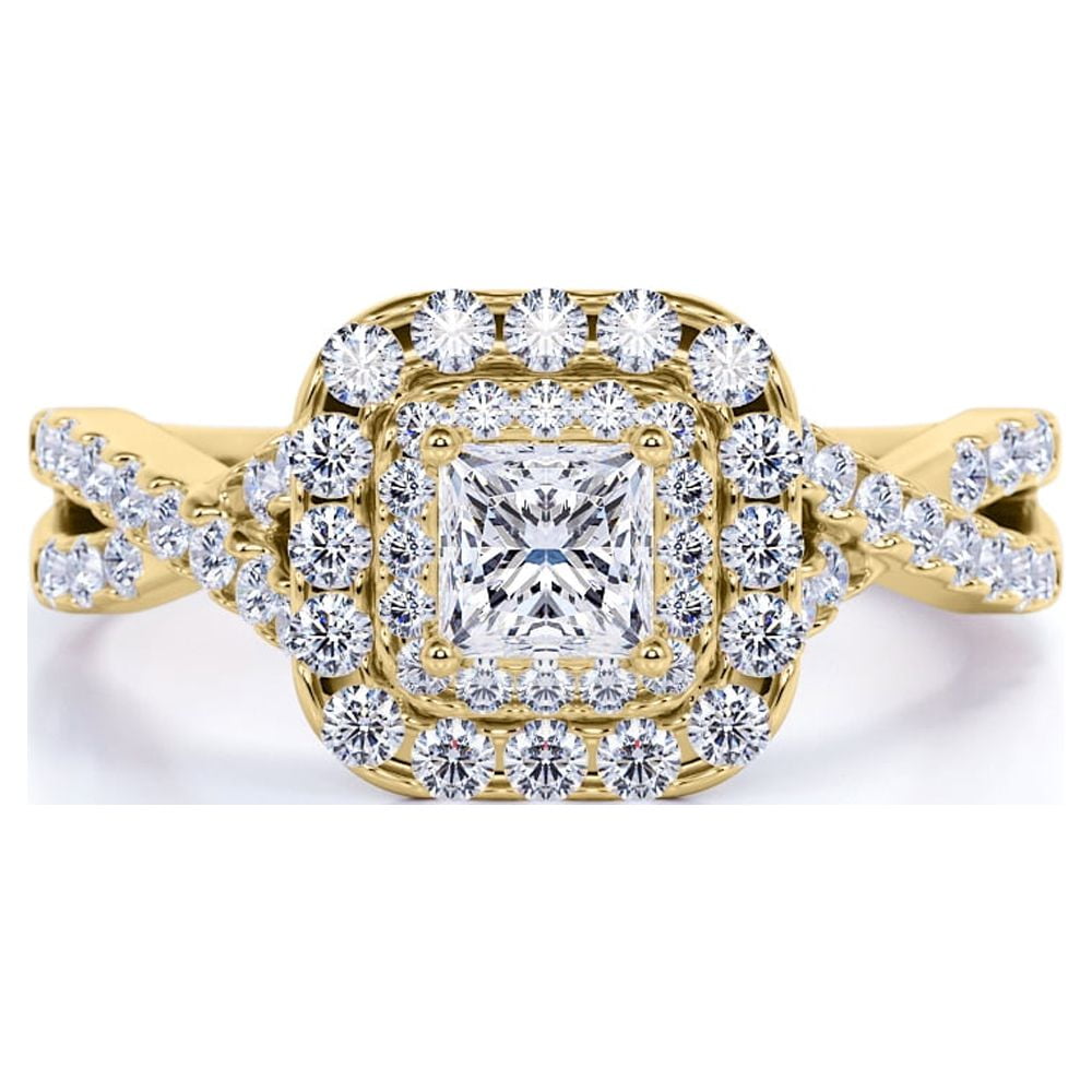 JeenMata Elegant 1 Carat - Twisted Band, Pave - Double Halo Engagement Ring, 10K Yellow Gold, Size:8 - Semi-Eternity