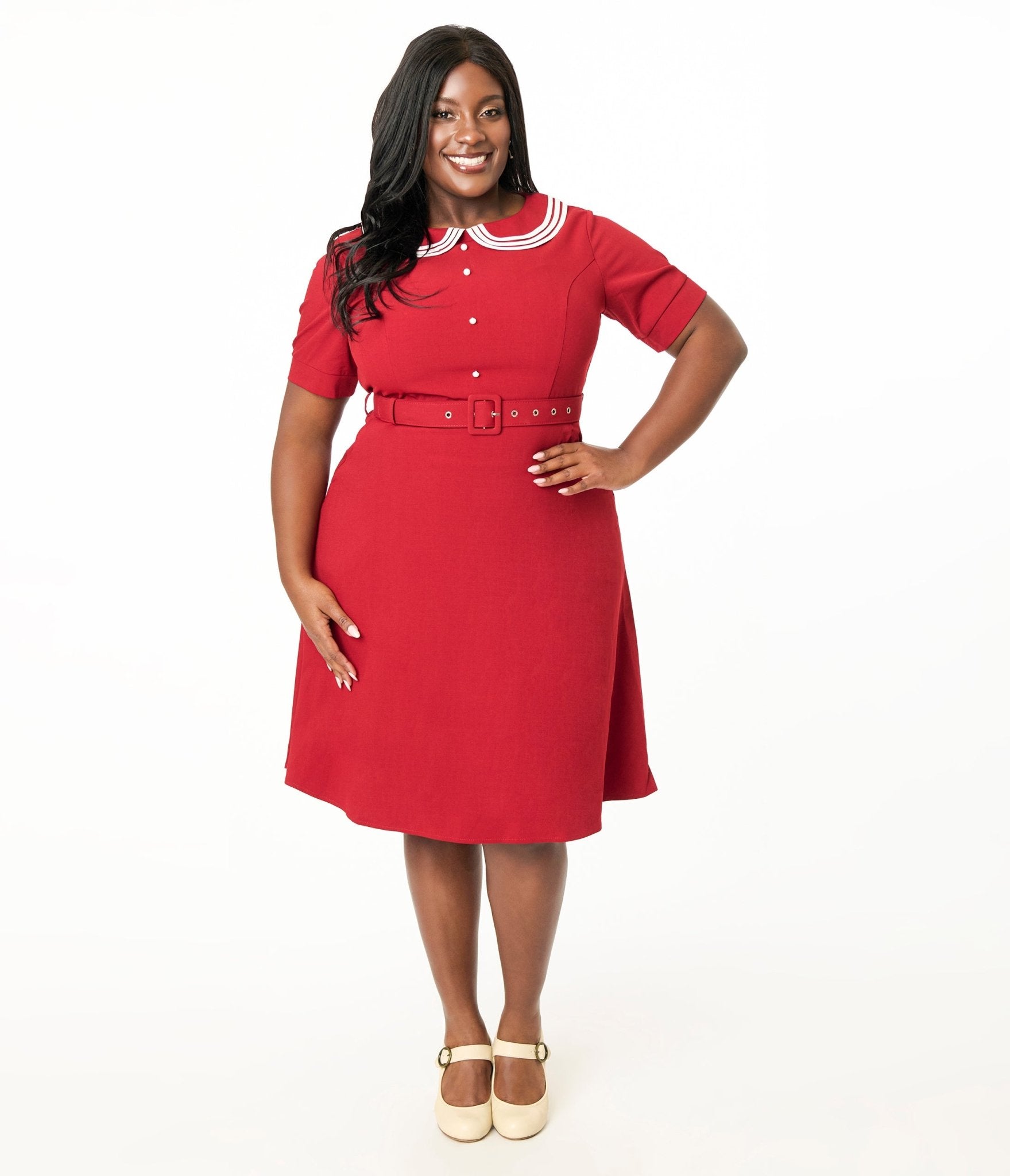 Voodoo Vixen Plus Size 1950s Red Layered Collar Swing Dress