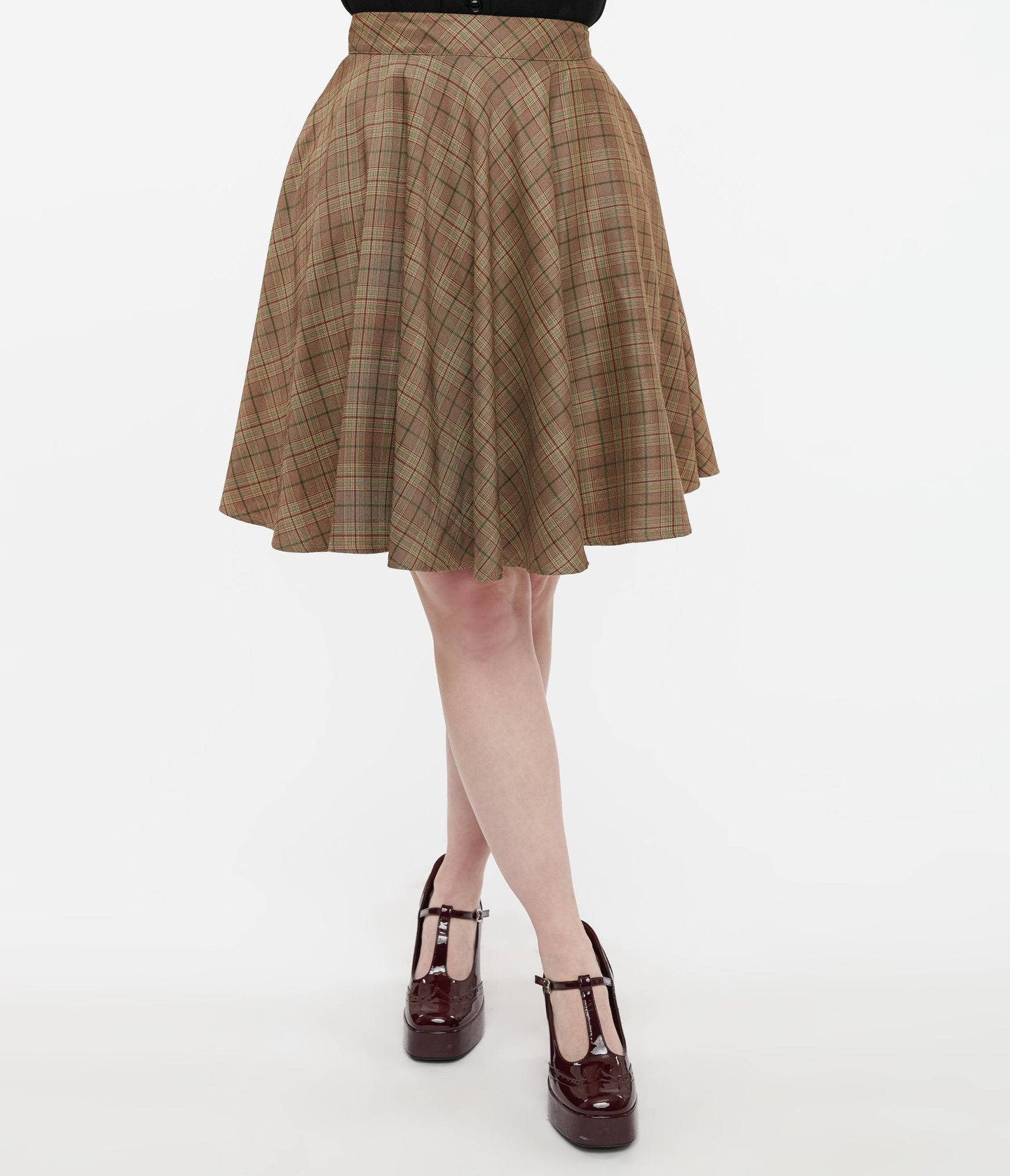 Smak Parlour 1960s Brown & Green Plaid Scene Flare Skirt