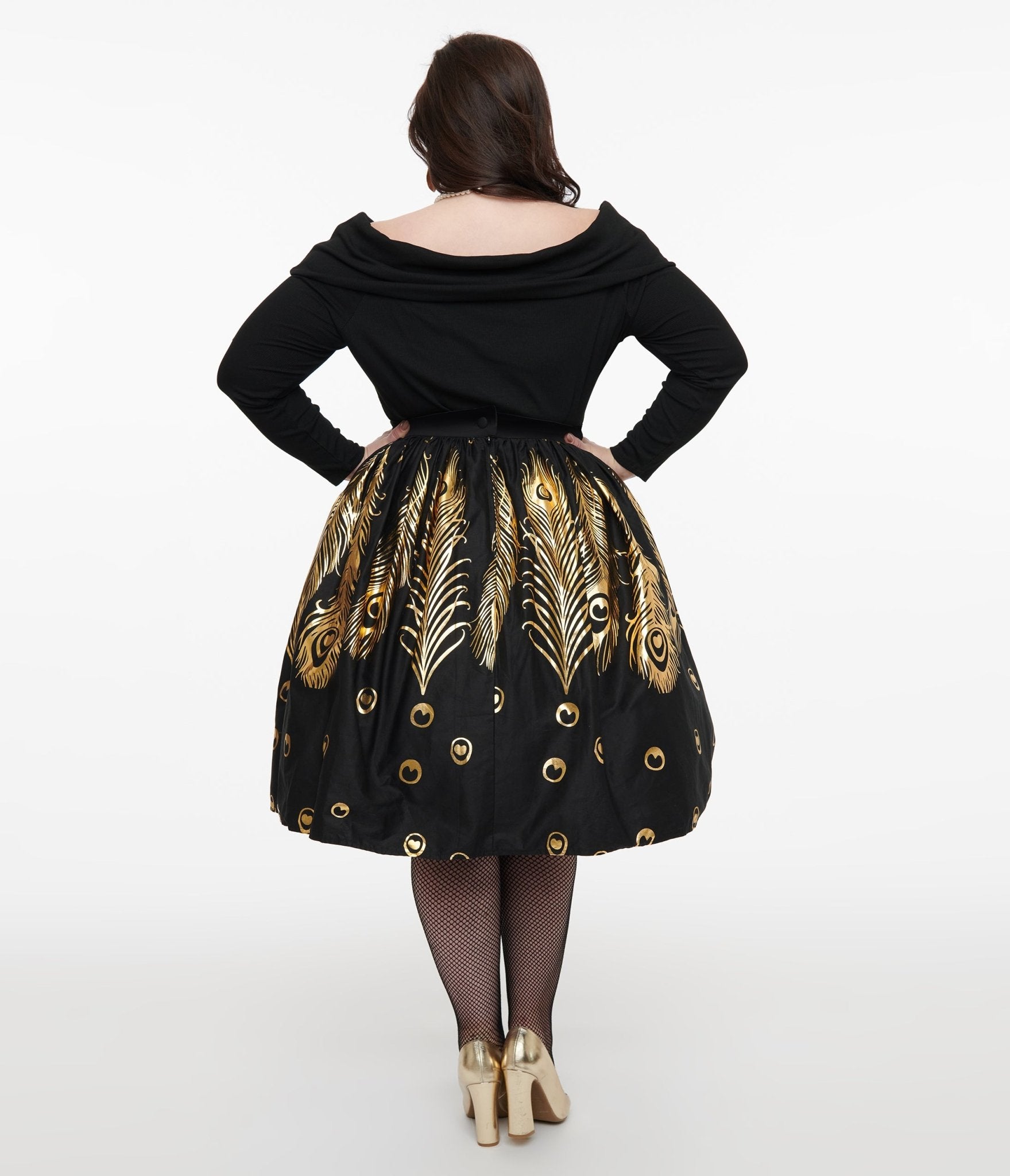 Unique Vintage Plus Size 1950s Black & Gold Foil Feather Gellar Swing Skirt