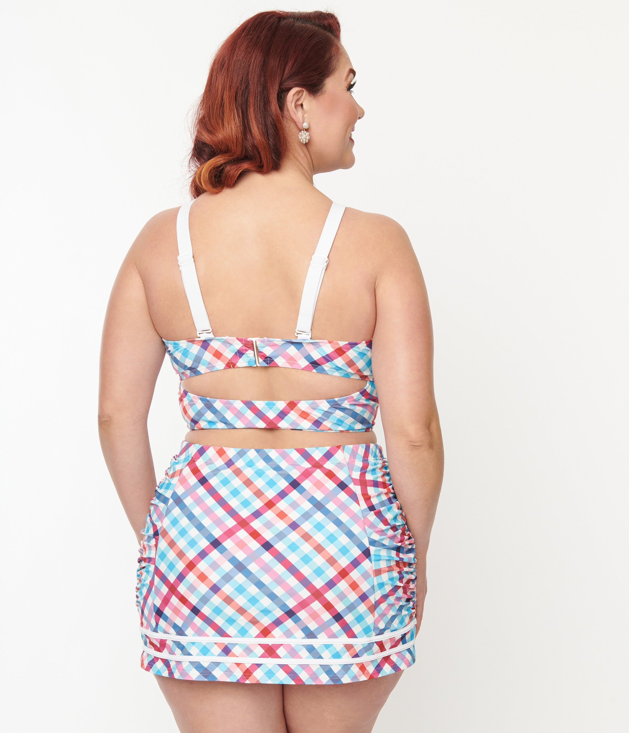 Unique Vintage Plus Size Pastel Madras Plaid Sailor Swim Bottom