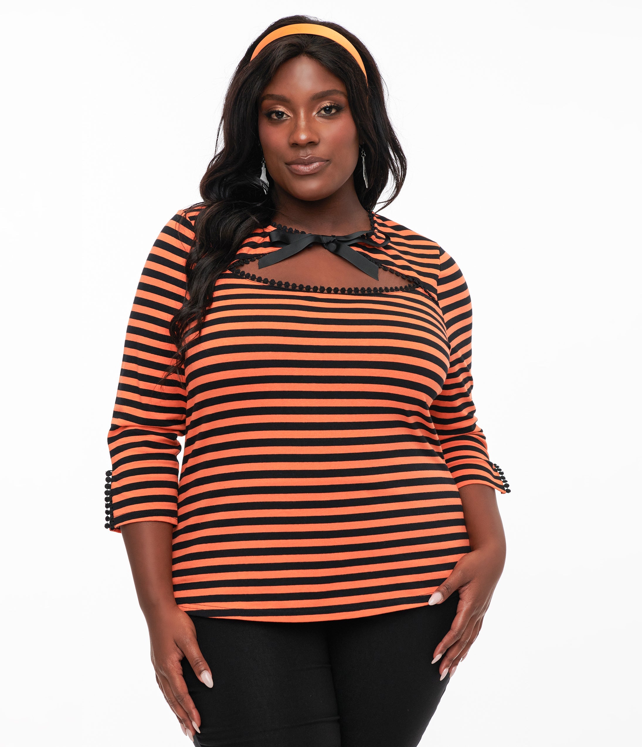 Unique Vintage Plus Size 1950s Orange & Black Stripe Cutout Neck Tie Top