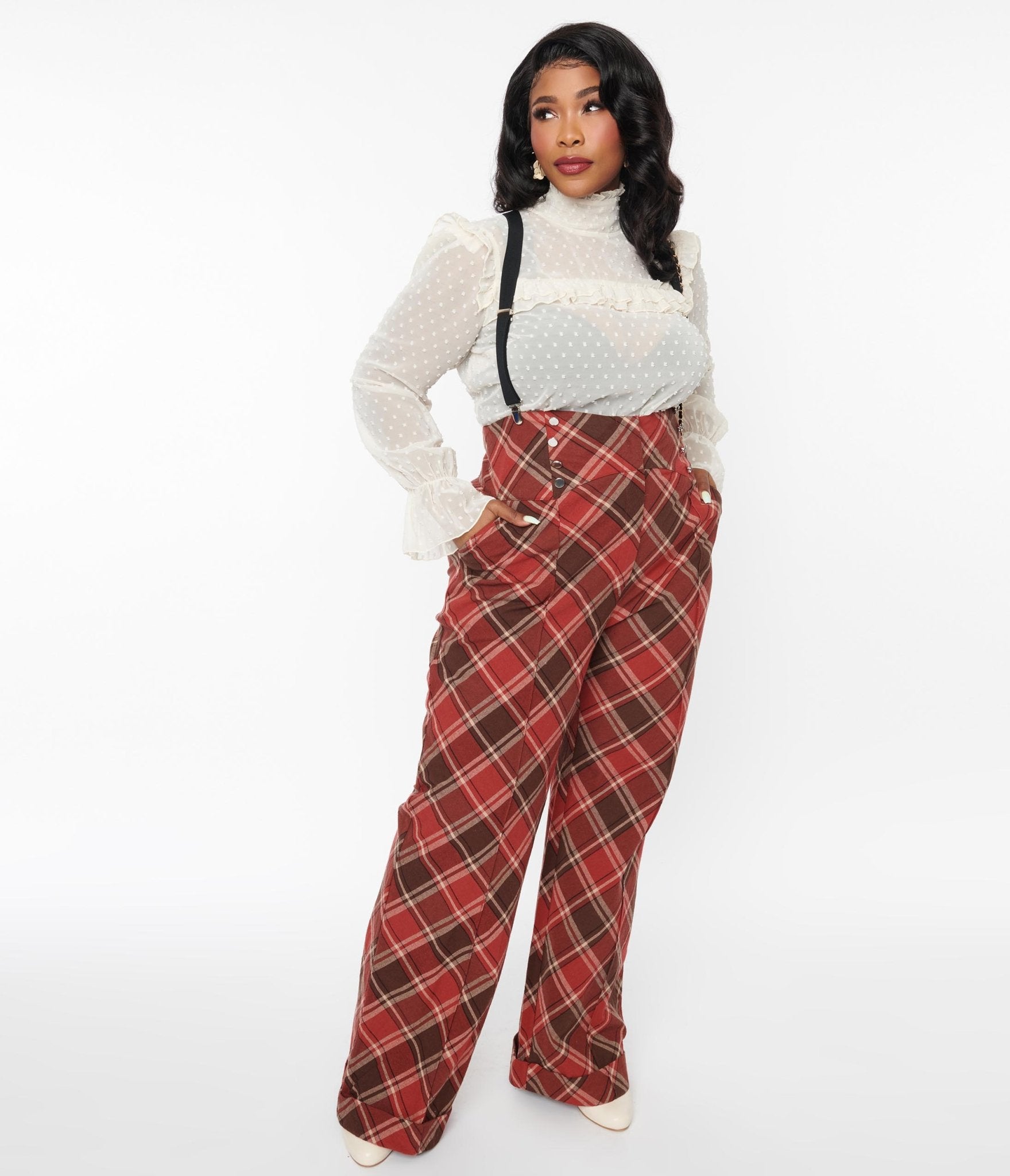 Unique Vintage 1940s Red & Brown Plaid Wide Leg Suspender Pants