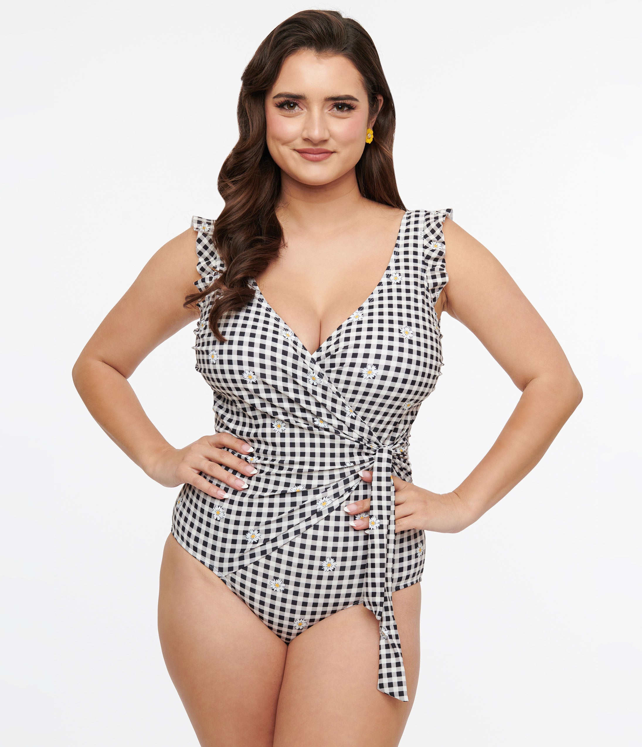 Black & White Daisy Gingham Wrap One Piece Swimsuit