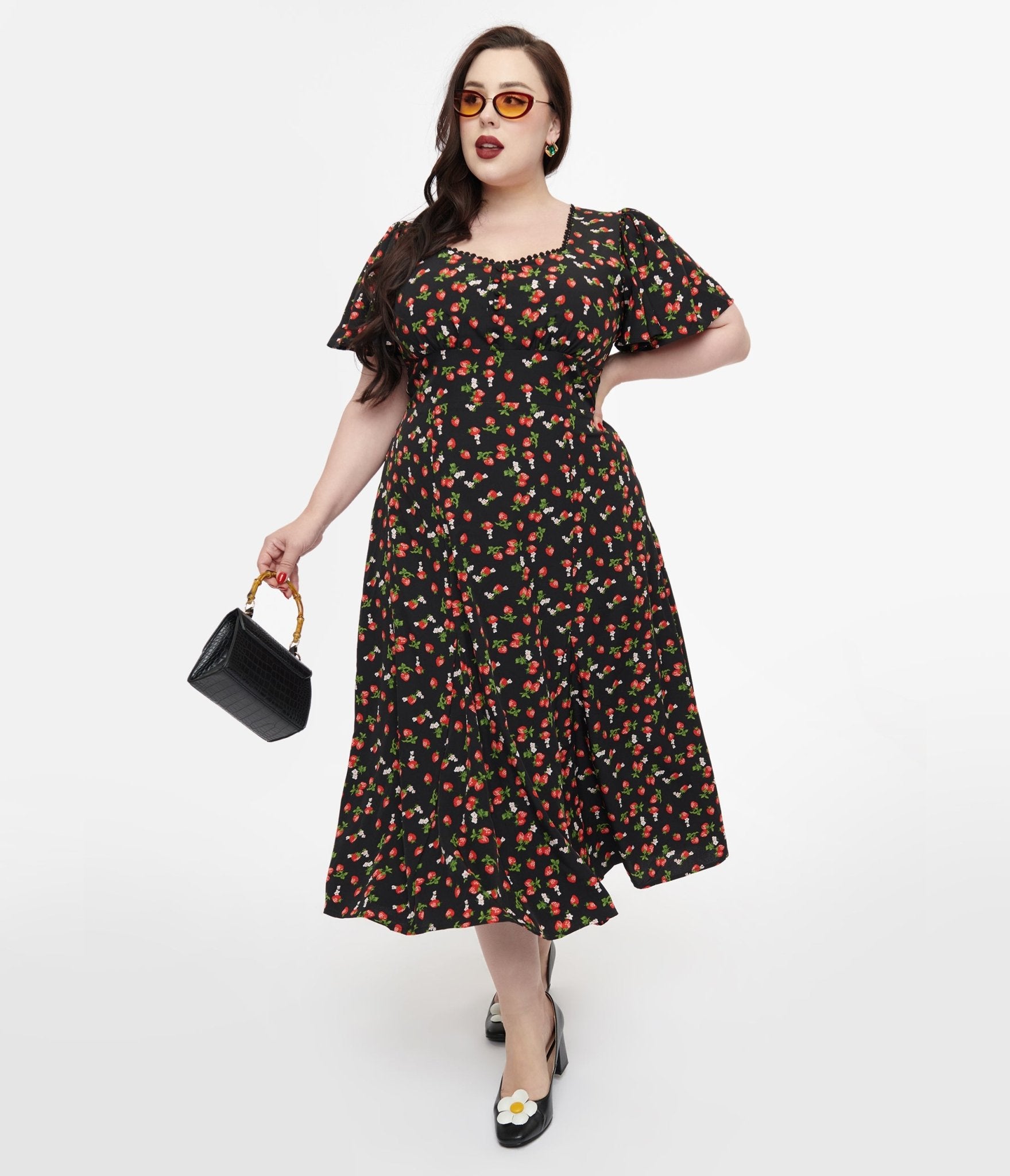 Unique Vintage Plus Size 1940s Black & Strawberry Print Midi Dress