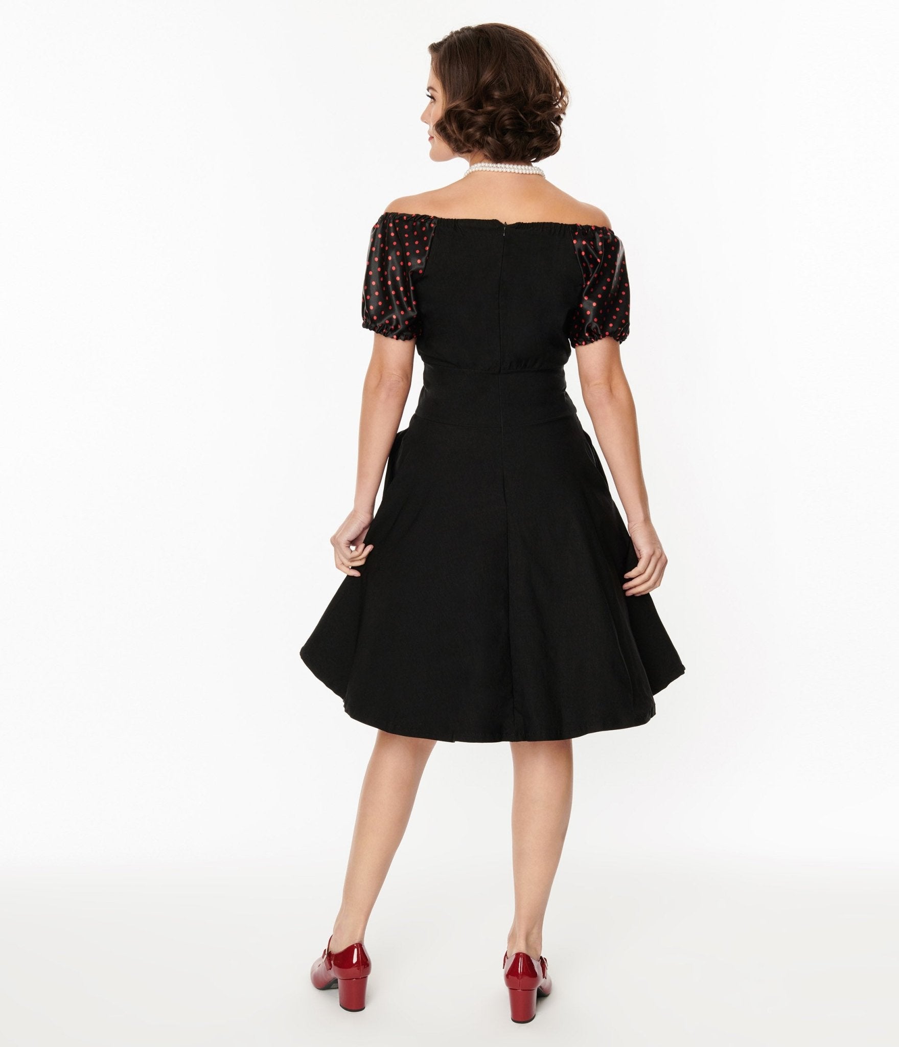 1940s Black & Red Polka Dot Romie Flare Dress