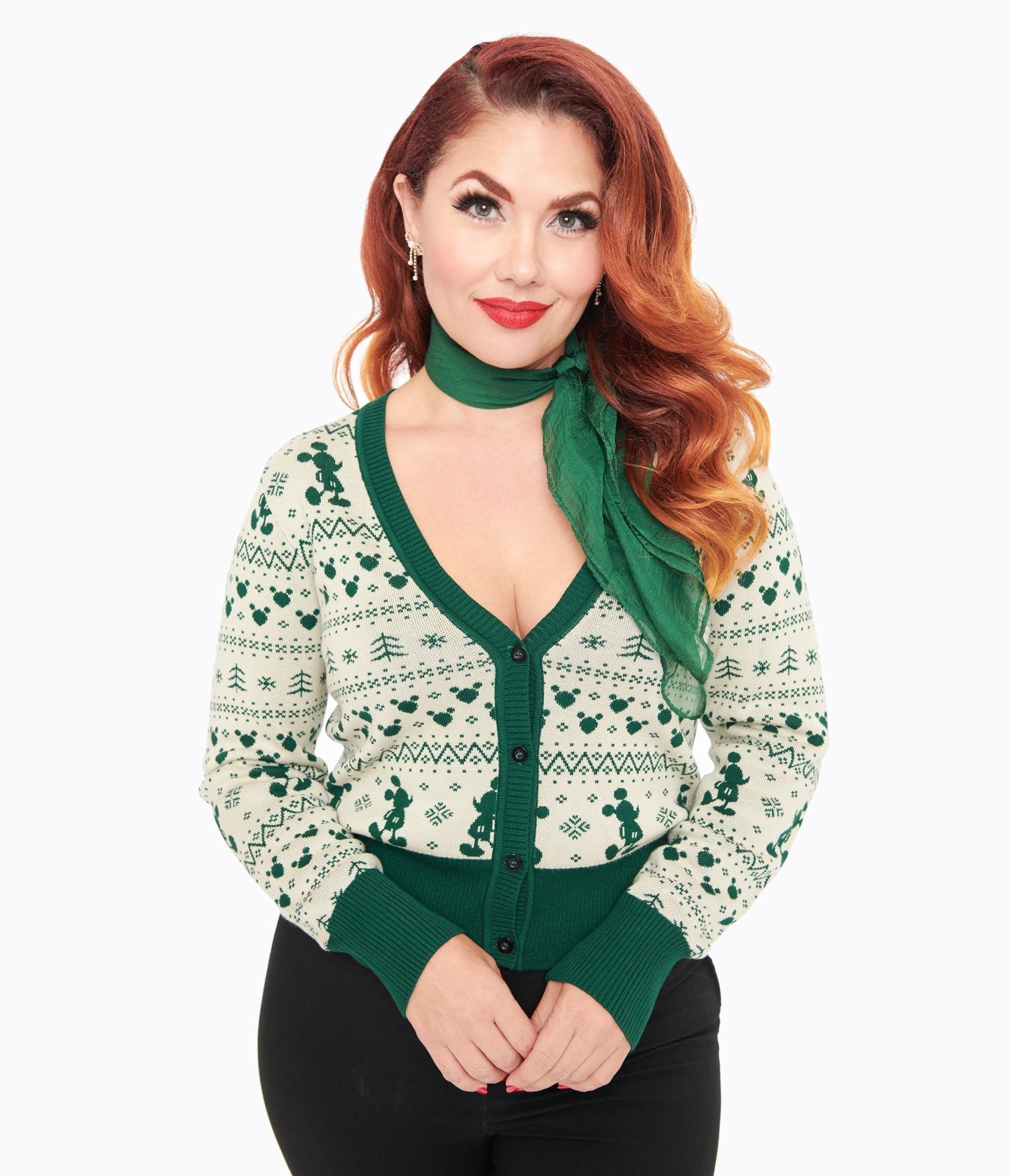 Disney Holiday Collection by Unique Vintage Green Mickey Fair Isle Jacquard Sweater Cardigan