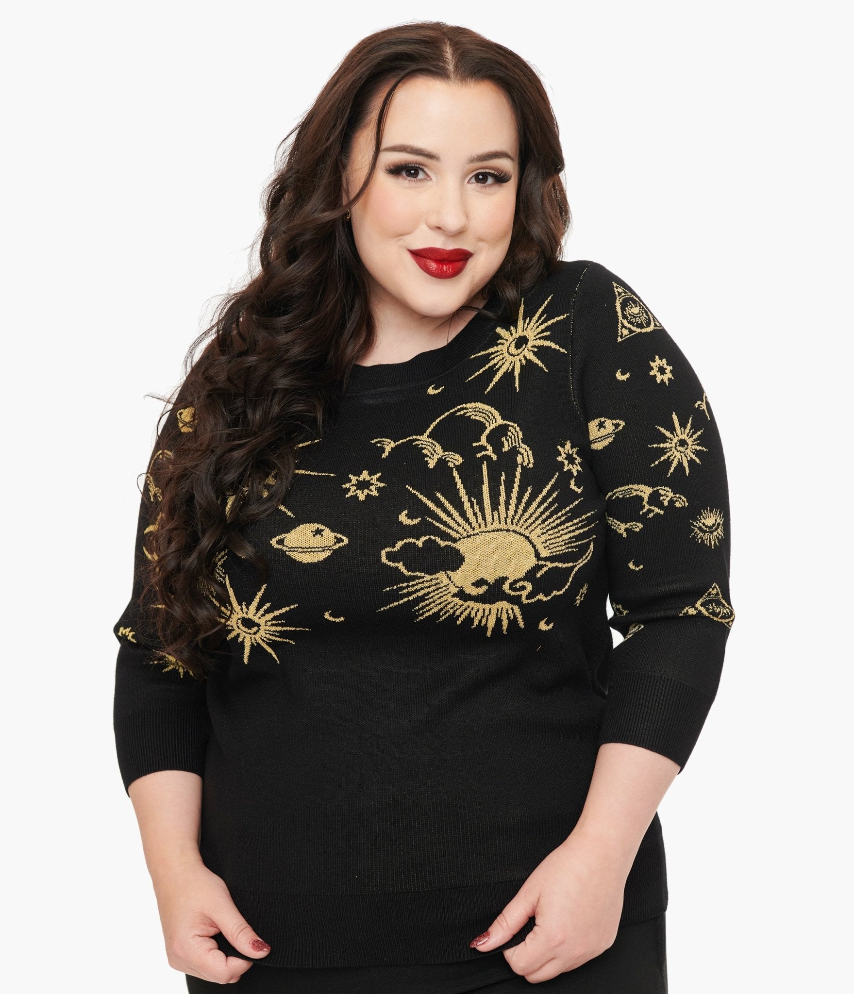 Unique Vintage Plus Size 1950s Black & Gold Celestial Minou Sweater