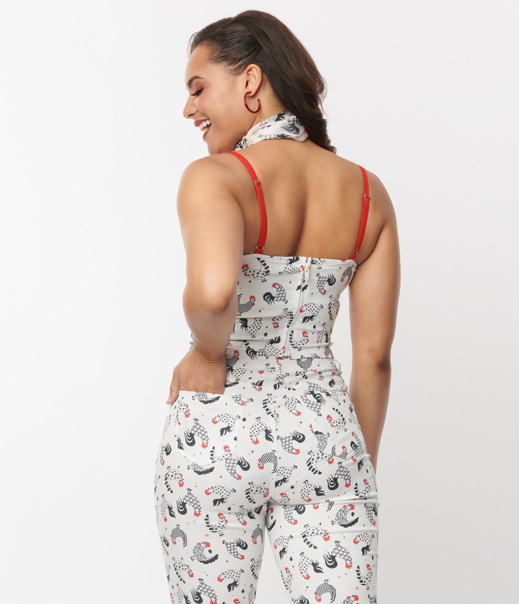 Unique Vintage Chicken Print & Red Contrast Crop Top