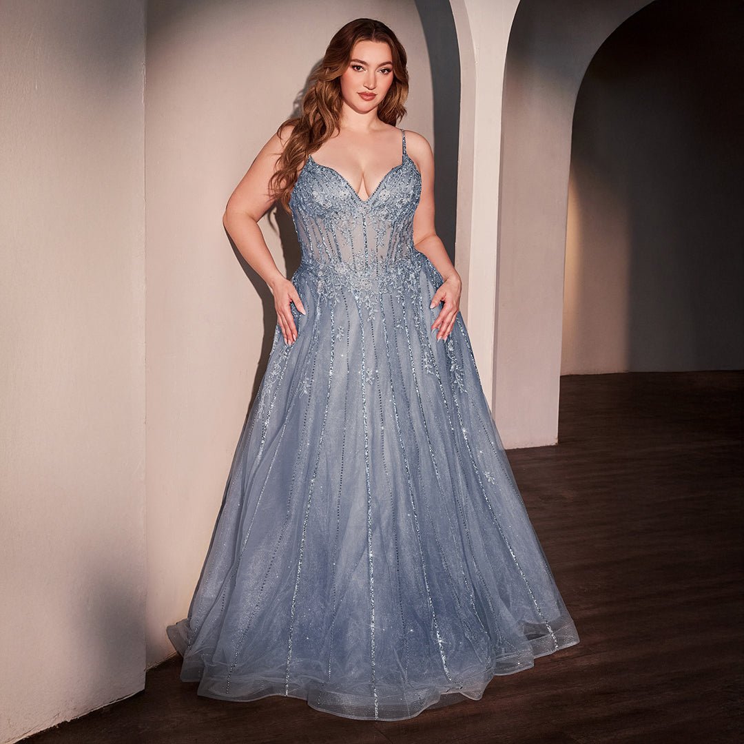 Ladivine by Cinderella Divine Blue Crystal A-Line Bridesmaid Ball Gown