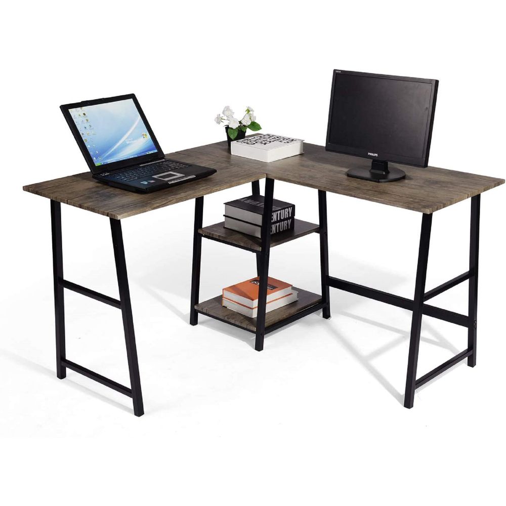 Branax L Shaped Office Desk with Shelf, Brown - Thick Wood & Sturdy Metal Frame