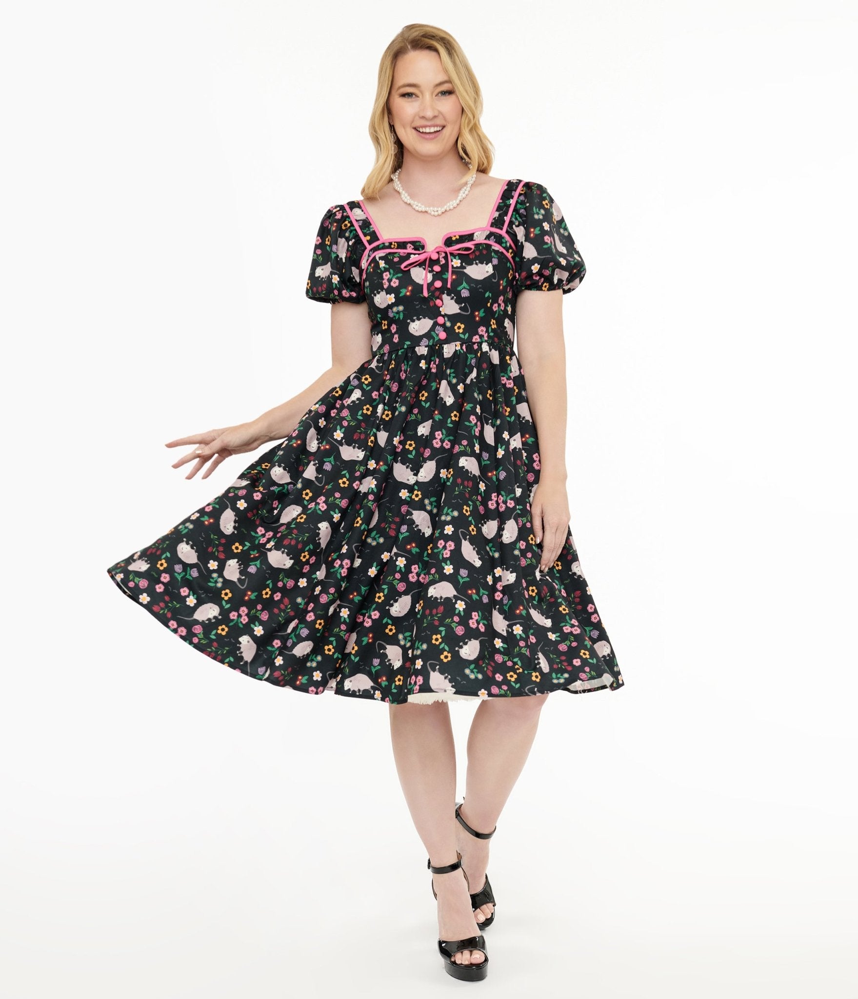 Unique Vintage 1940s Black & Pink Awesome Possum Button Front Swing Dress