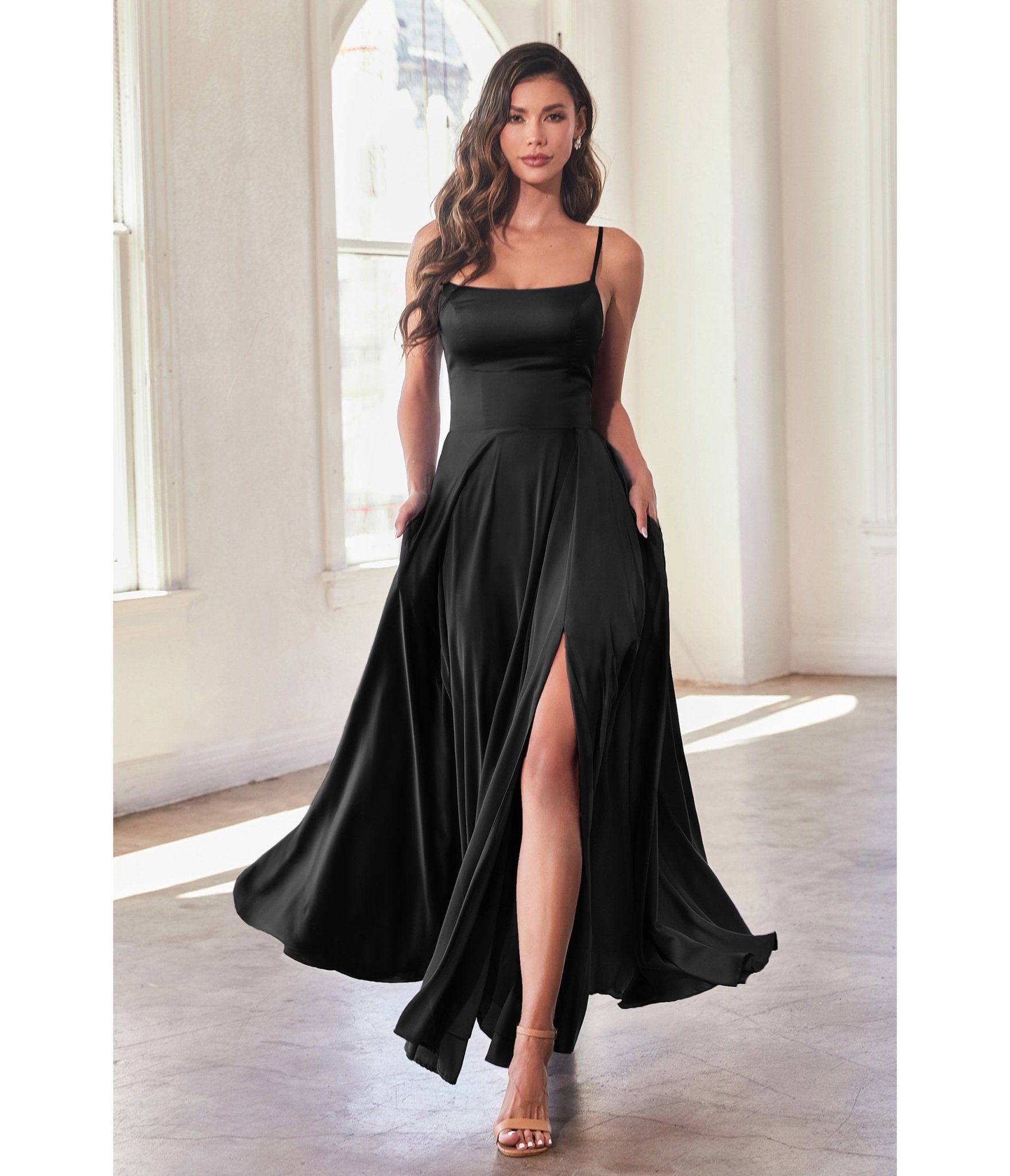 Ladivine by Cinderella Divine Black Satin A Line Bridesmaid Dress