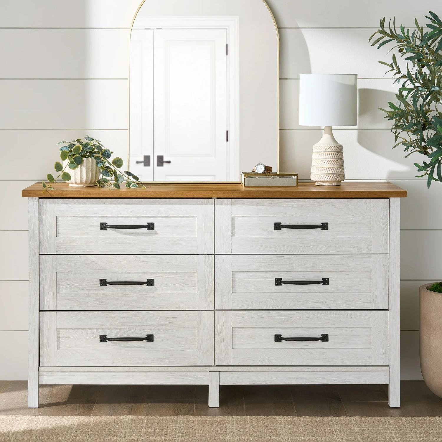 Better Homes & Gardens 441389 Modern Farmhouse 6-Drawer Dresser Alabaster and Light Honey Finish