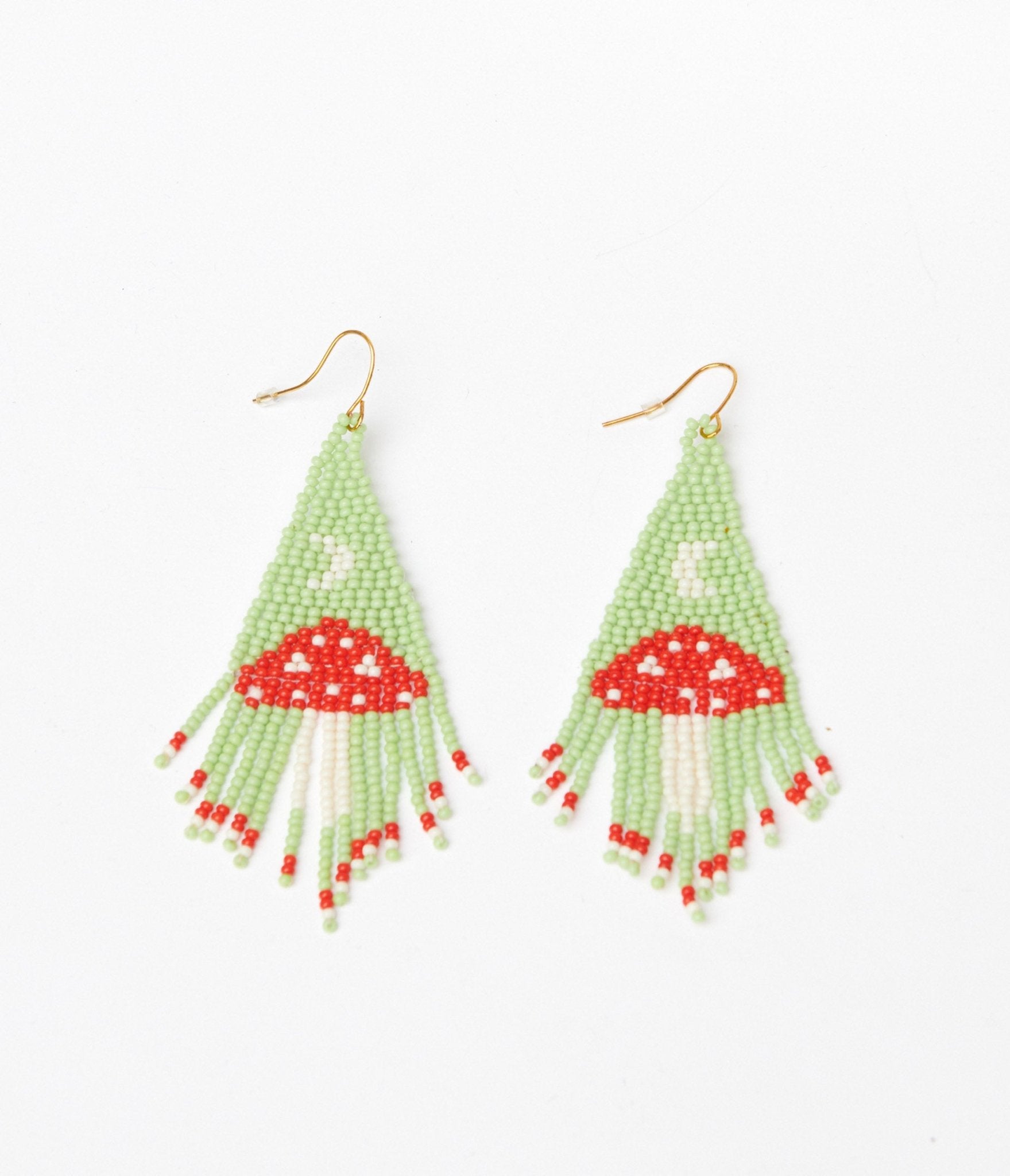 Mint & Red Mushroom Beaded Earrings