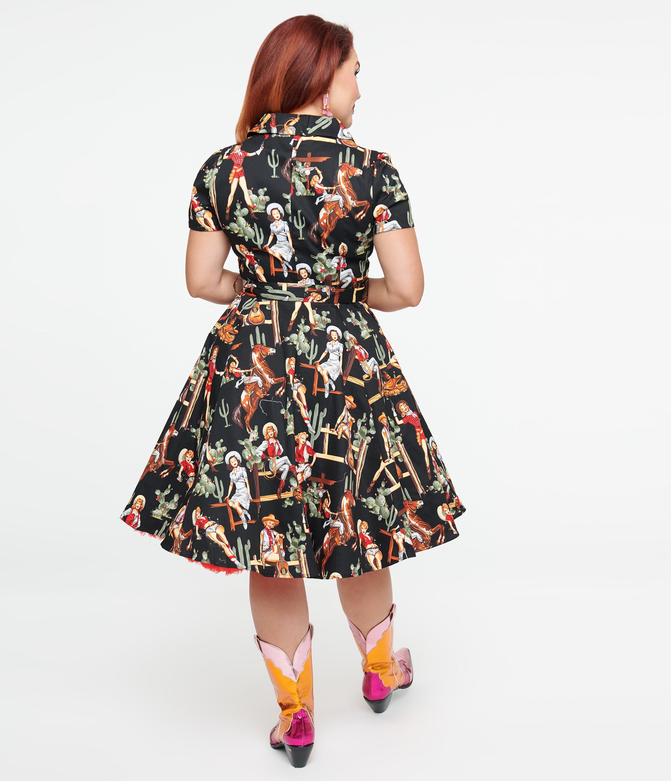 Black & Cowgirl Print Swing Shirt Dress