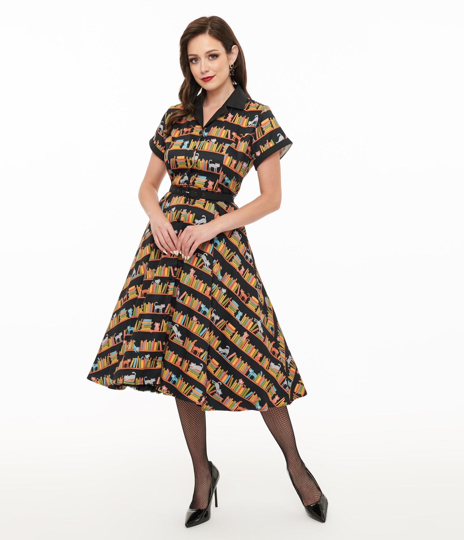 Unique Vintage 1950s Cat & Bookshelf Print Alexis Swing Dress