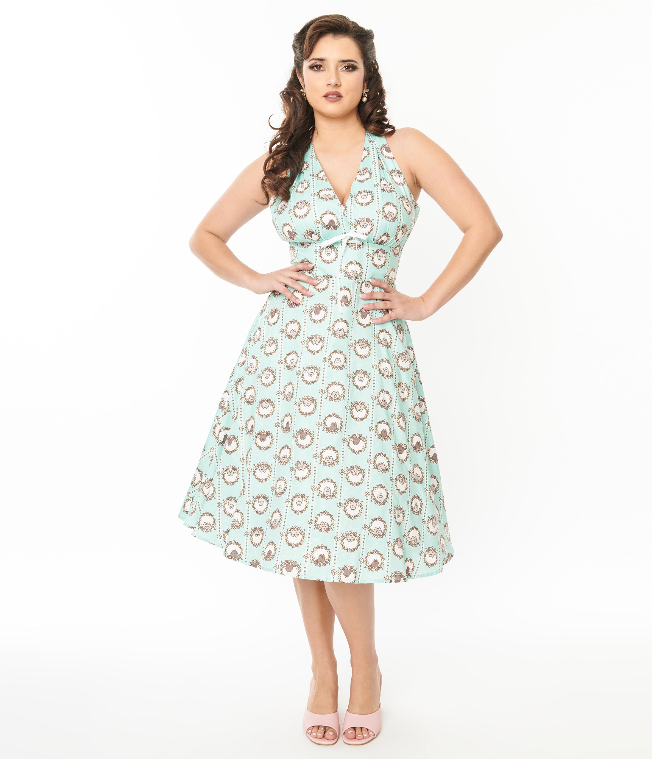 Pusheen x Unique Vintage Teal Pusheen Floral Frame Print Halter Swing Dress